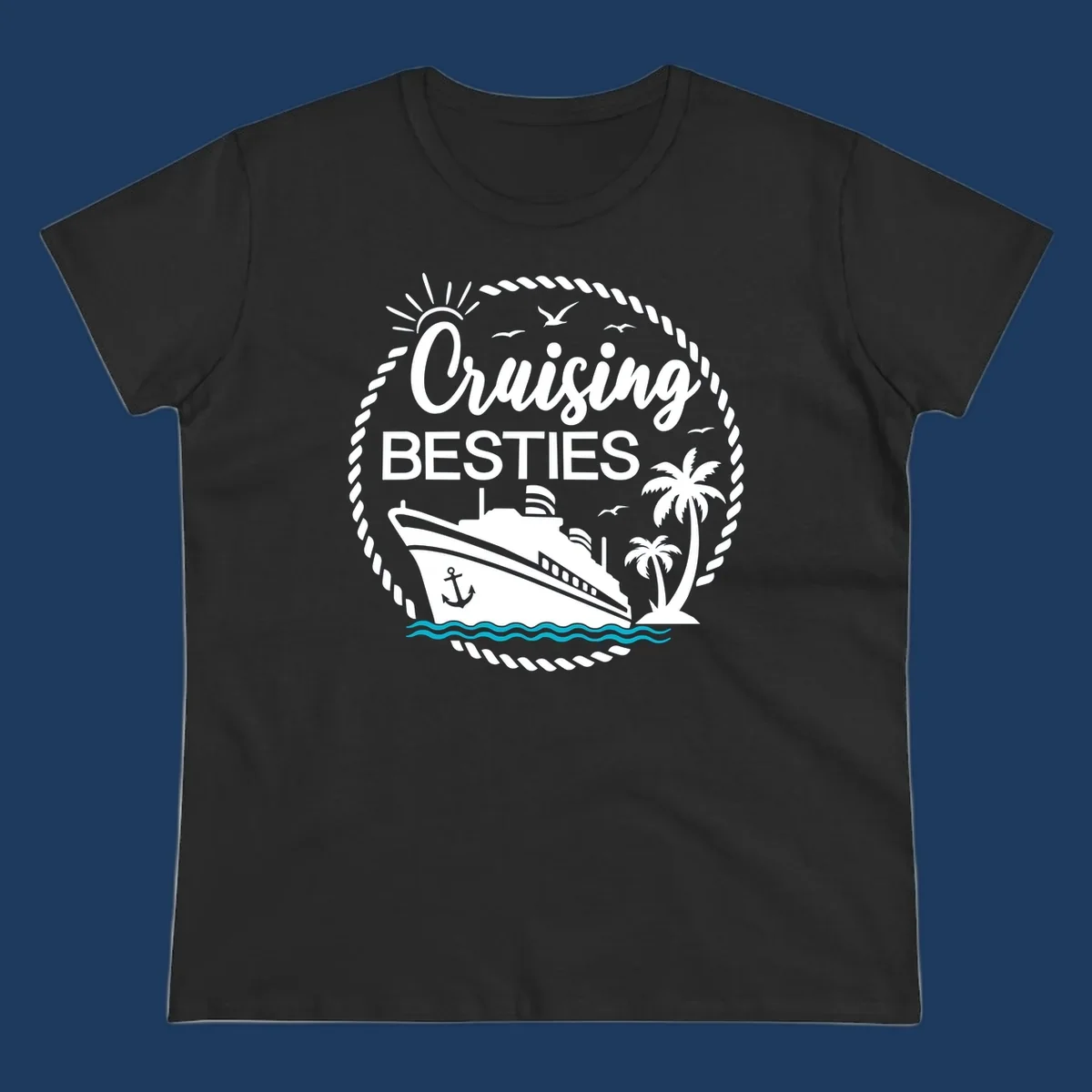 Cruising besties nautical badge design with cruise ship, palm trees, seagulls, and ocean waves in white on gray background