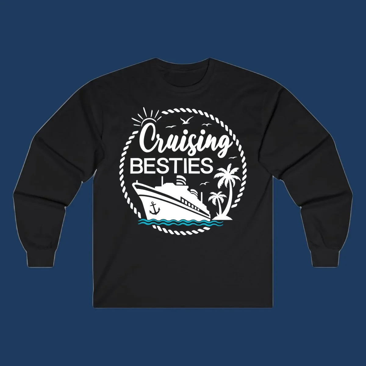 Cruising besties nautical badge design with cruise ship, palm trees, seagulls, and ocean waves in white on gray background