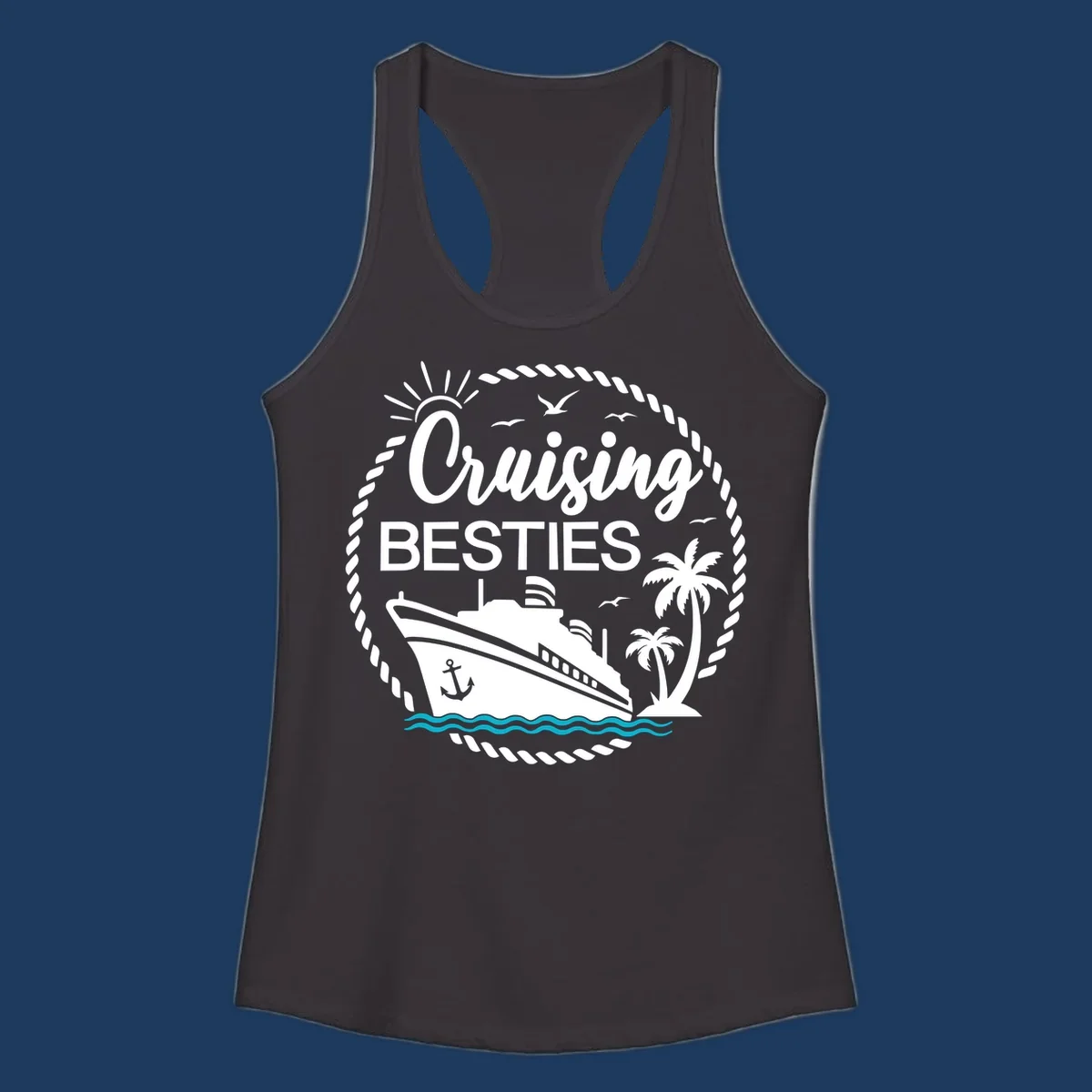 Cruising besties nautical badge design with cruise ship, palm trees, seagulls, and ocean waves in white on gray background