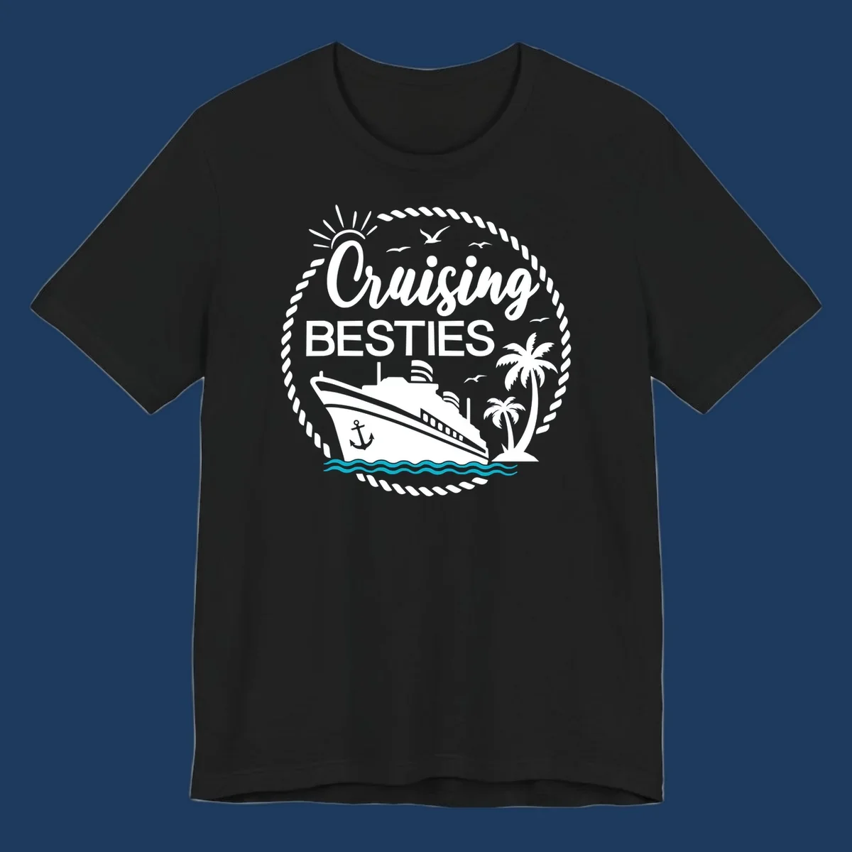 Cruising besties nautical badge design with cruise ship, palm trees, seagulls, and ocean waves in white on gray background