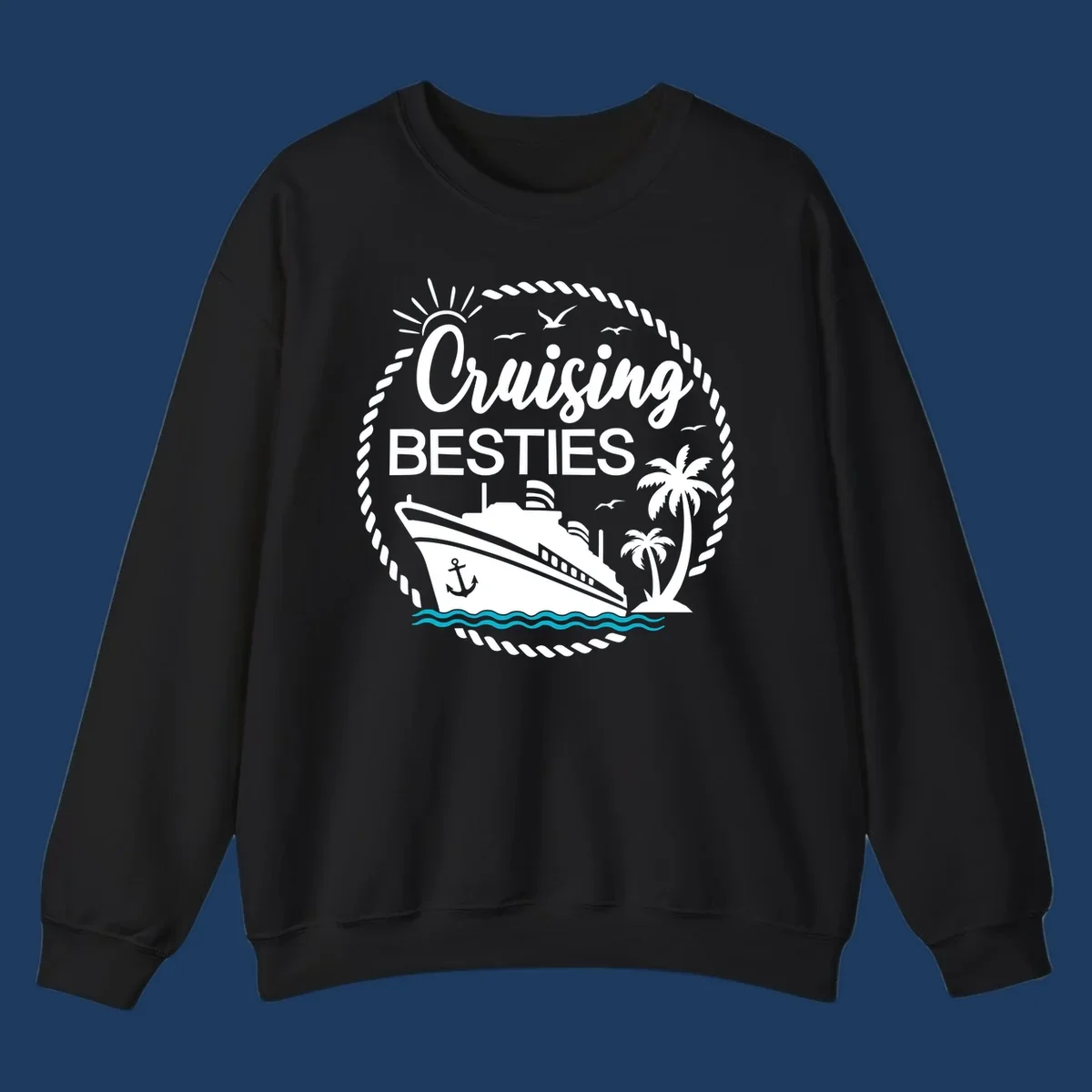 Cruising besties nautical badge design with cruise ship, palm trees, seagulls, and ocean waves in white on gray background