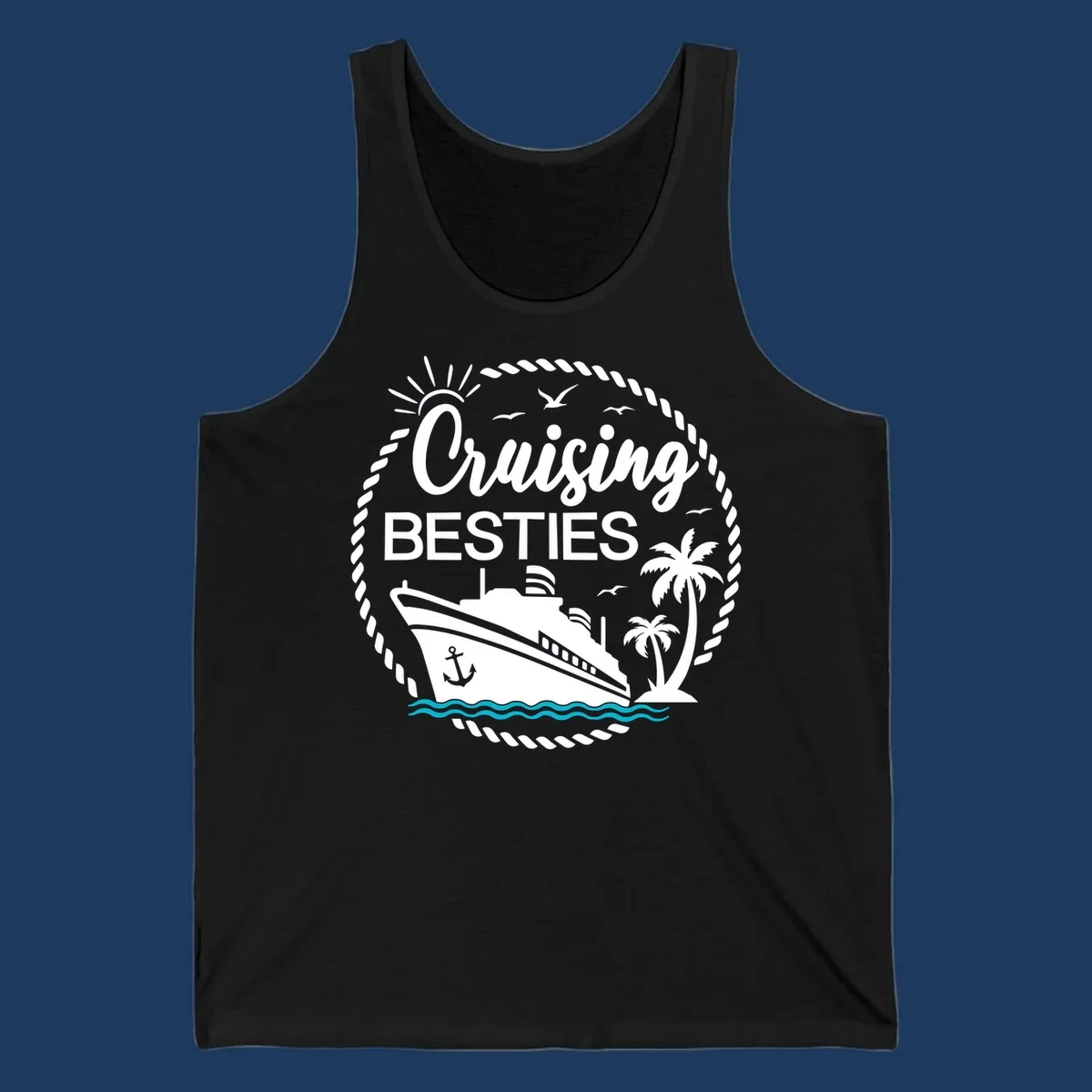 Cruising besties nautical badge design with cruise ship, palm trees, seagulls, and ocean waves in white on gray background