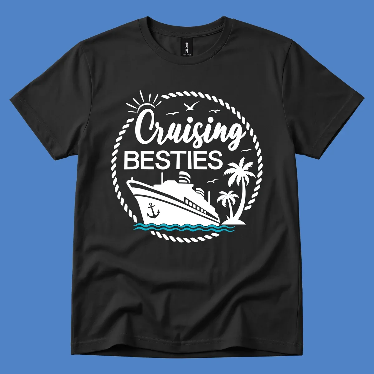 Cruising besties nautical badge design with cruise ship, palm trees, seagulls, and ocean waves in white on gray background