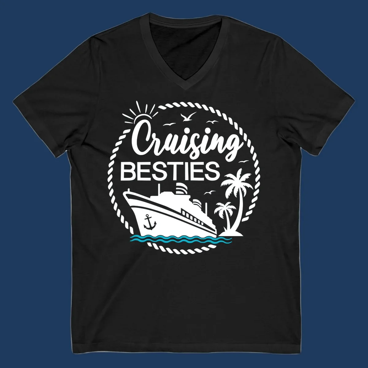 Cruising besties nautical badge design with cruise ship, palm trees, seagulls, and ocean waves in white on gray background