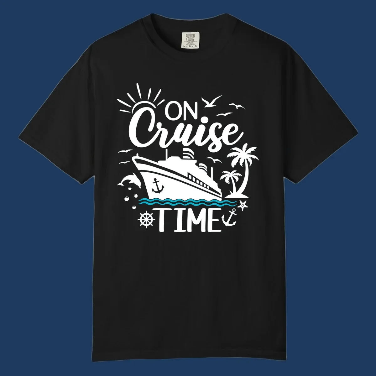 Nautical cruise vacation design with 'ON Cruise TIME' text, ship, palm trees, ocean waves, and maritime symbols on gray background.