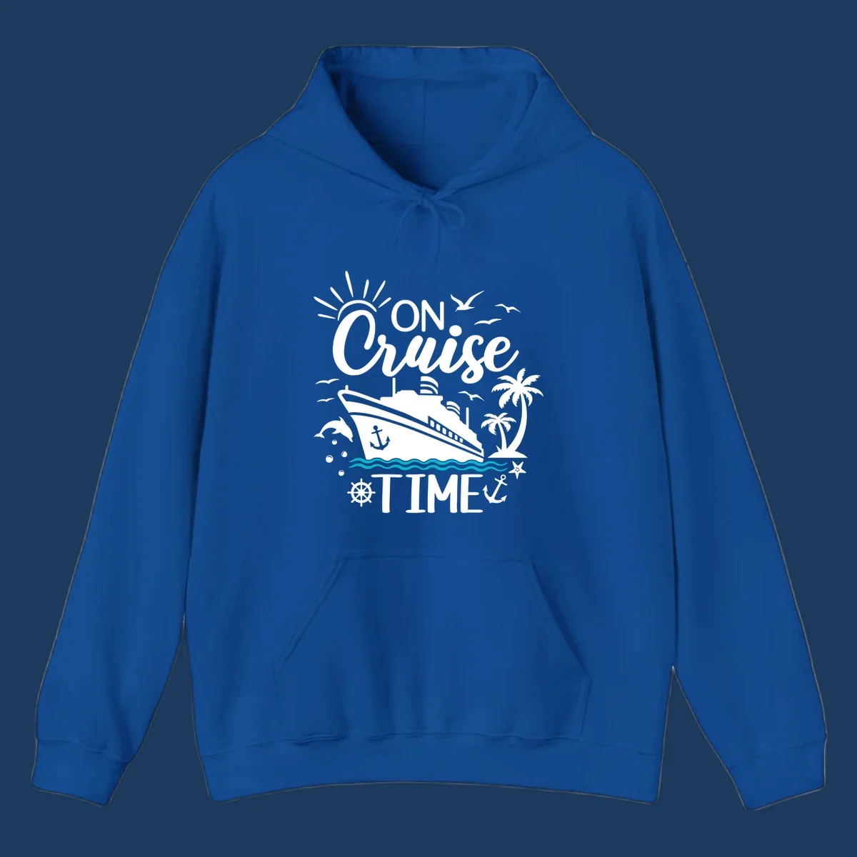 Nautical cruise vacation design with 'ON Cruise TIME' text, ship, palm trees, ocean waves, and maritime symbols on gray background.