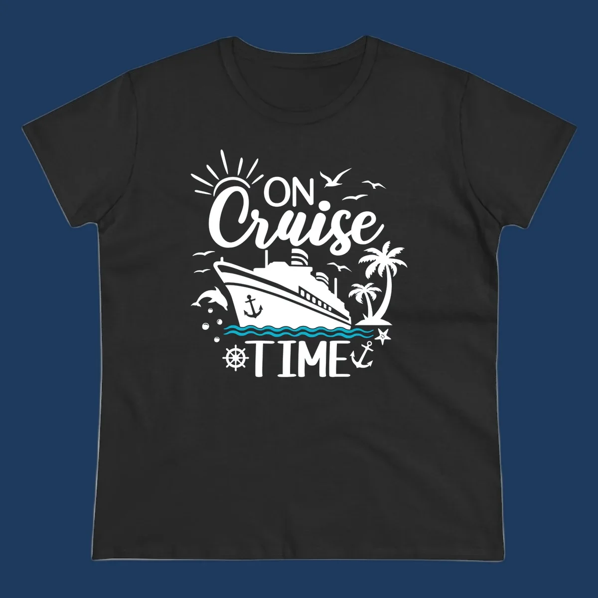 Nautical cruise vacation design with 'ON Cruise TIME' text, ship, palm trees, ocean waves, and maritime symbols on gray background.