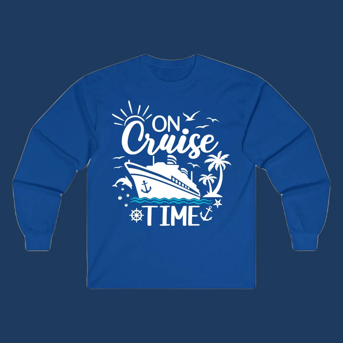 Nautical cruise vacation design with 'ON Cruise TIME' text, ship, palm trees, ocean waves, and maritime symbols on gray background.