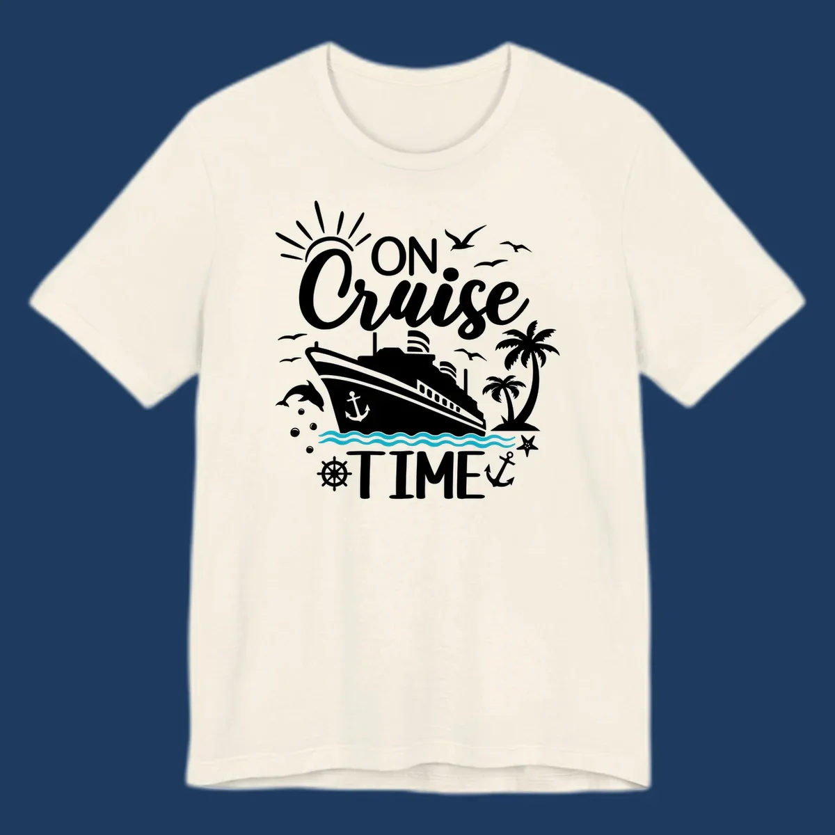 Nautical cruise vacation design with 'ON Cruise TIME' text, ship, palm trees, ocean waves, and maritime symbols on gray background.