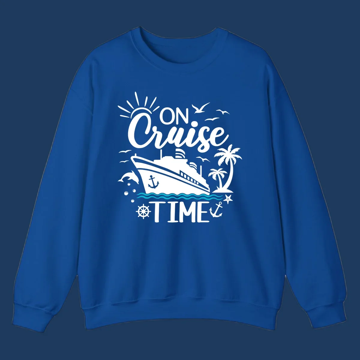 Nautical cruise vacation design with 'ON Cruise TIME' text, ship, palm trees, ocean waves, and maritime symbols on gray background.