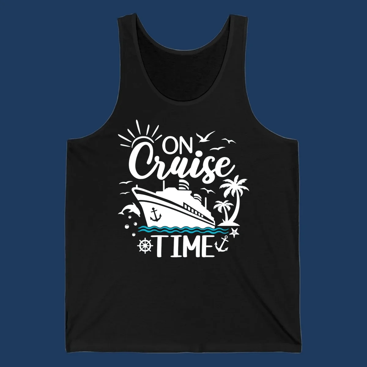 Nautical cruise vacation design with 'ON Cruise TIME' text, ship, palm trees, ocean waves, and maritime symbols on gray background.