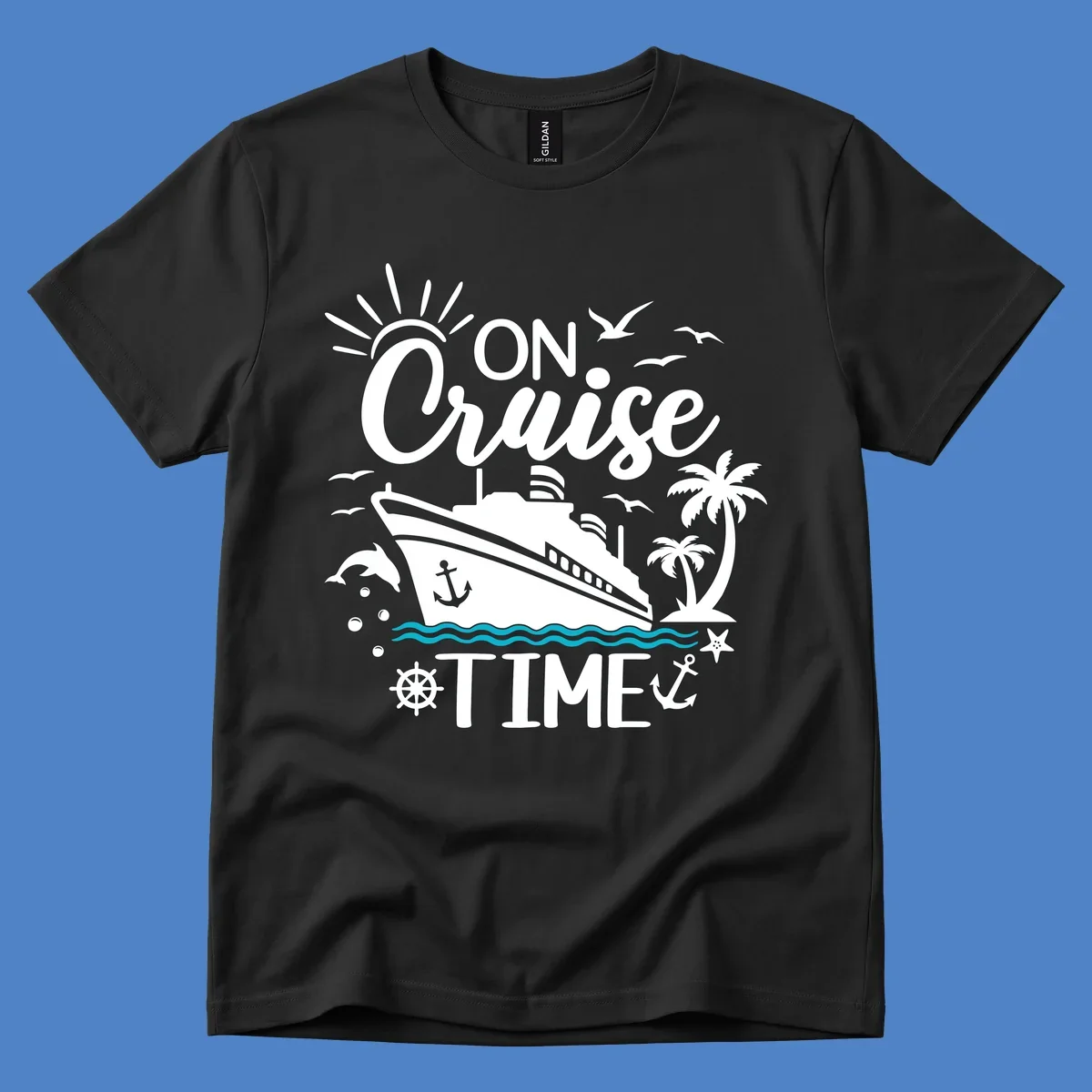 Nautical cruise vacation design with 'ON Cruise TIME' text, ship, palm trees, ocean waves, and maritime symbols on gray background.