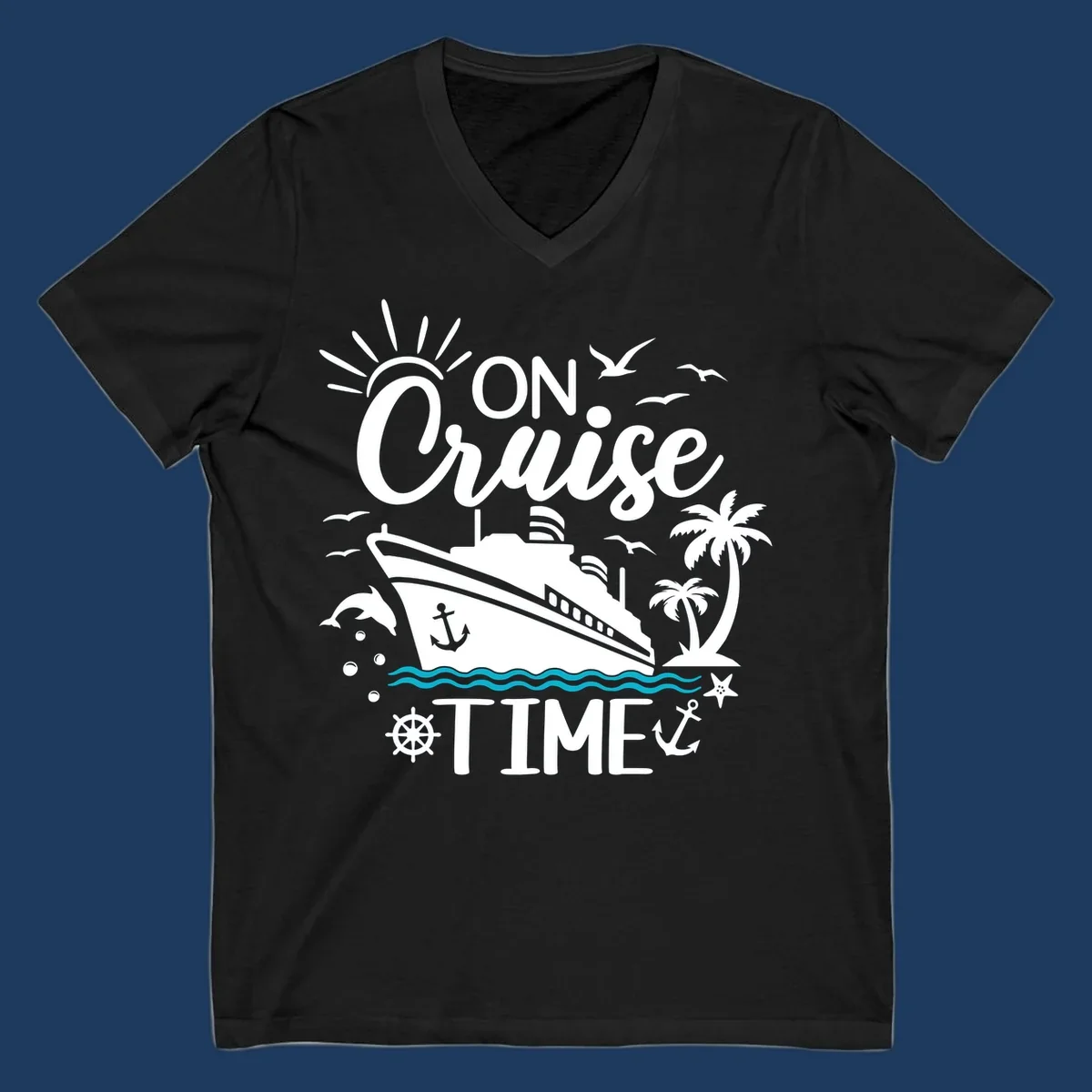 Nautical cruise vacation design with 'ON Cruise TIME' text, ship, palm trees, ocean waves, and maritime symbols on gray background.