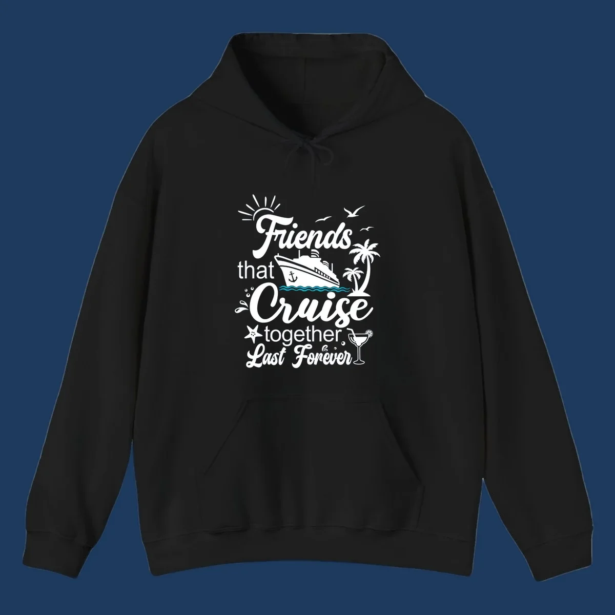 Friends cruise together forever design with ship, palm trees, seagulls, and tropical elements on gray background