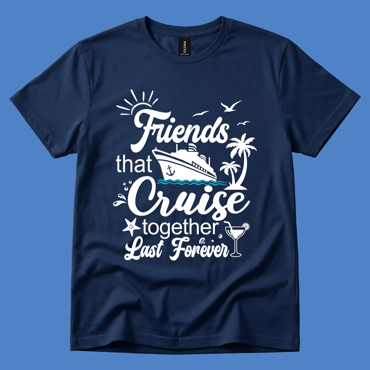 Friends cruise together forever design with ship, palm trees, seagulls, and tropical elements on gray background