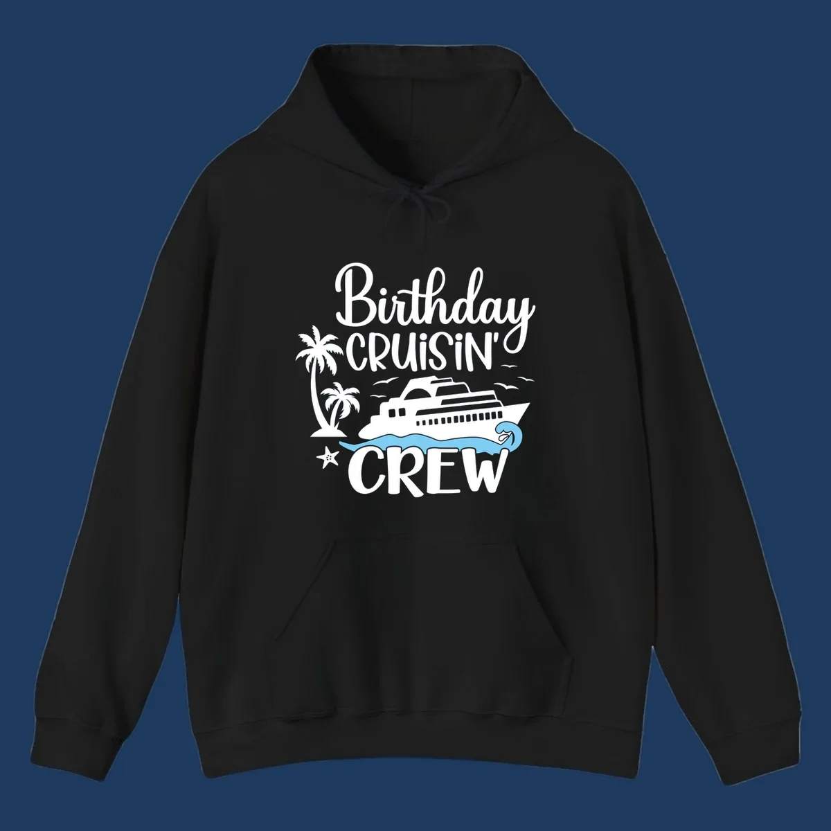 Birthday Cruisin' Crew design with cruise ship, palm trees, waves, and seagulls on gray background