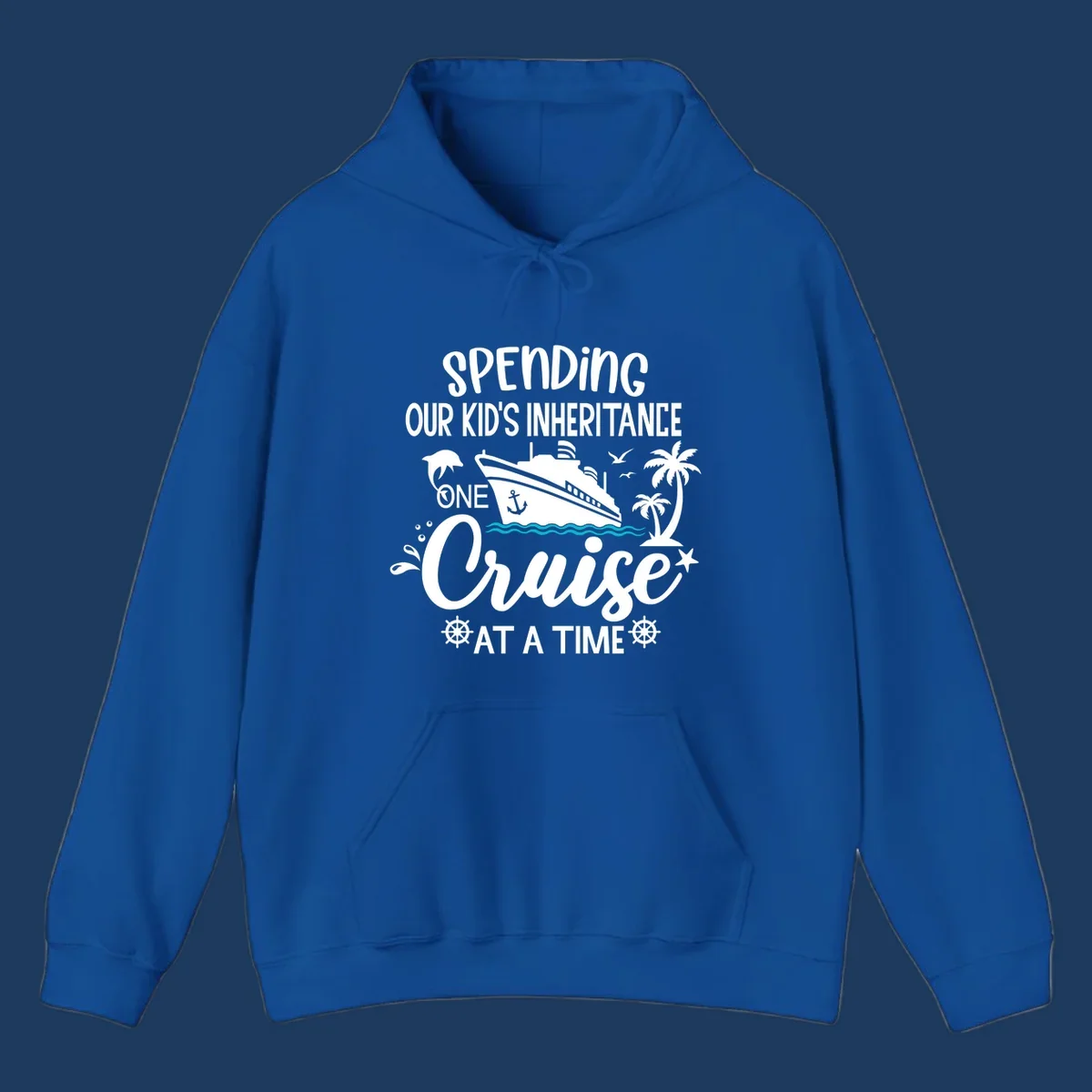 Humorous cruise ship design with text reading spending our kid's inheritance one cruise at a time, featuring nautical elements and tropical imagery