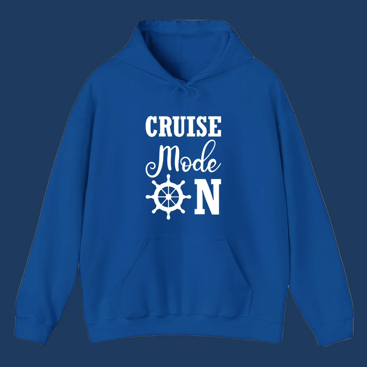 Cruise mode ship wheel design featuring white ship wheel and bold text on gray background