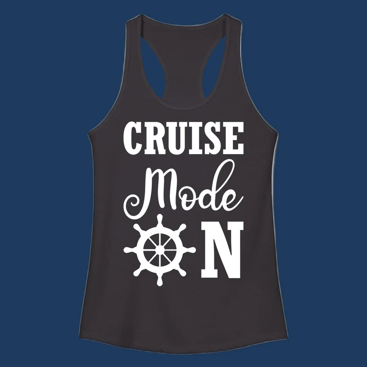 Cruise mode ship wheel design featuring white ship wheel and bold text on gray background