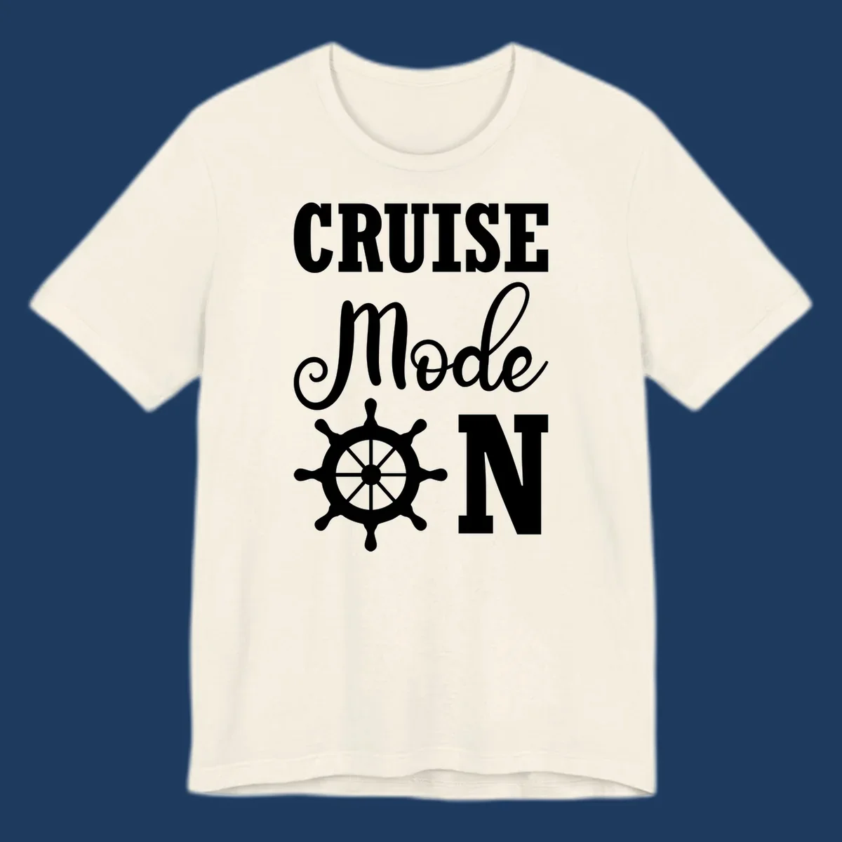 Cruise mode ship wheel design featuring white ship wheel and bold text on gray background