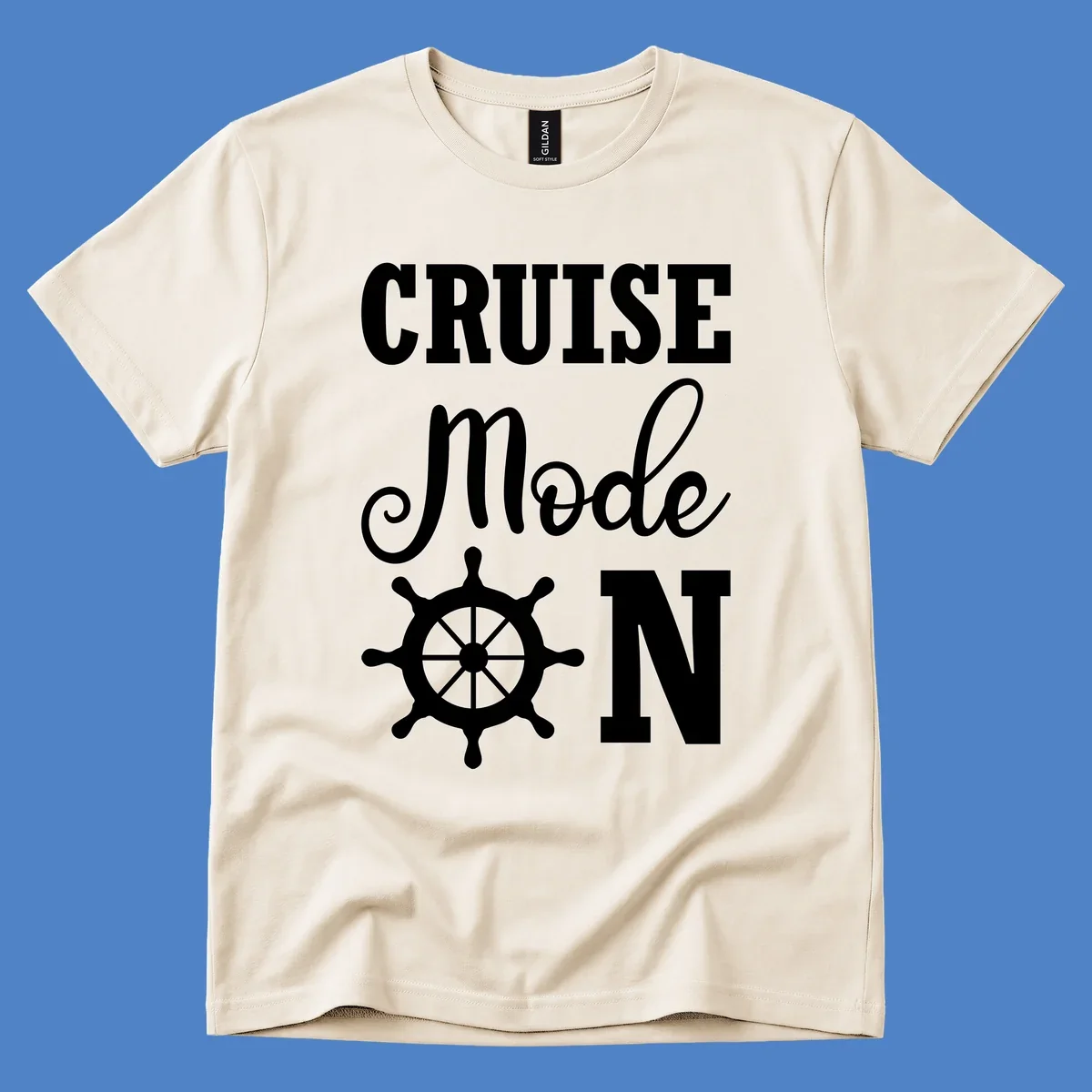 Cruise mode ship wheel design featuring white ship wheel and bold text on gray background