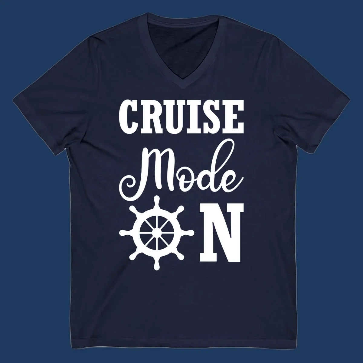 Cruise mode ship wheel design featuring white ship wheel and bold text on gray background