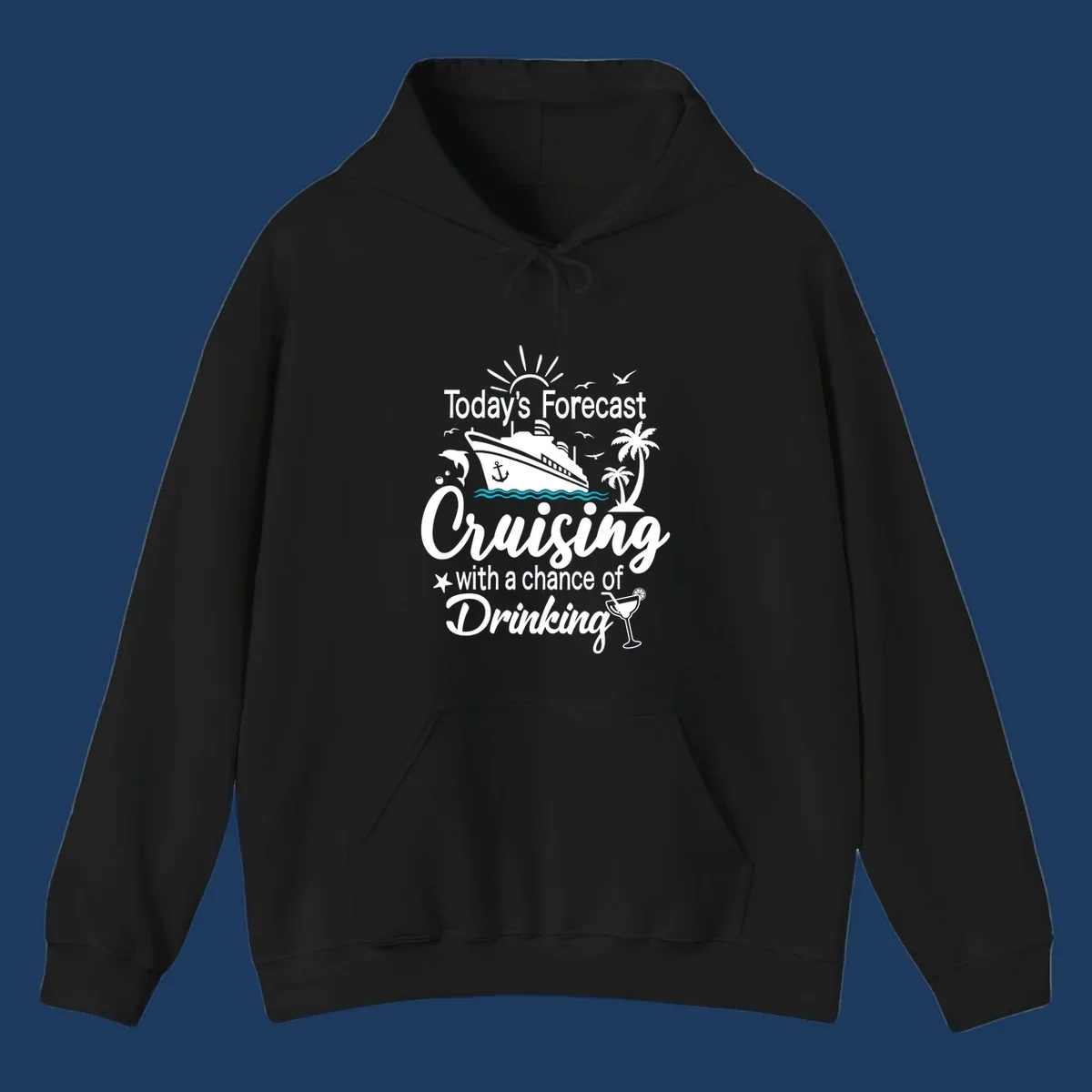 Forecast-cruising-drinking design with cruise ship, palm trees, seagulls, and cocktail graphic with humorous weather forecast text