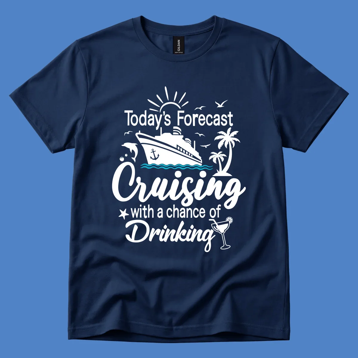 Forecast-cruising-drinking design with cruise ship, palm trees, seagulls, and cocktail graphic with humorous weather forecast text