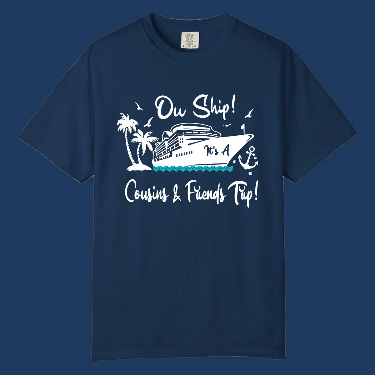 Ow ship cousins and friends trip design with cruise ship, palm tree, seagulls, anchor and ocean waves in white line art