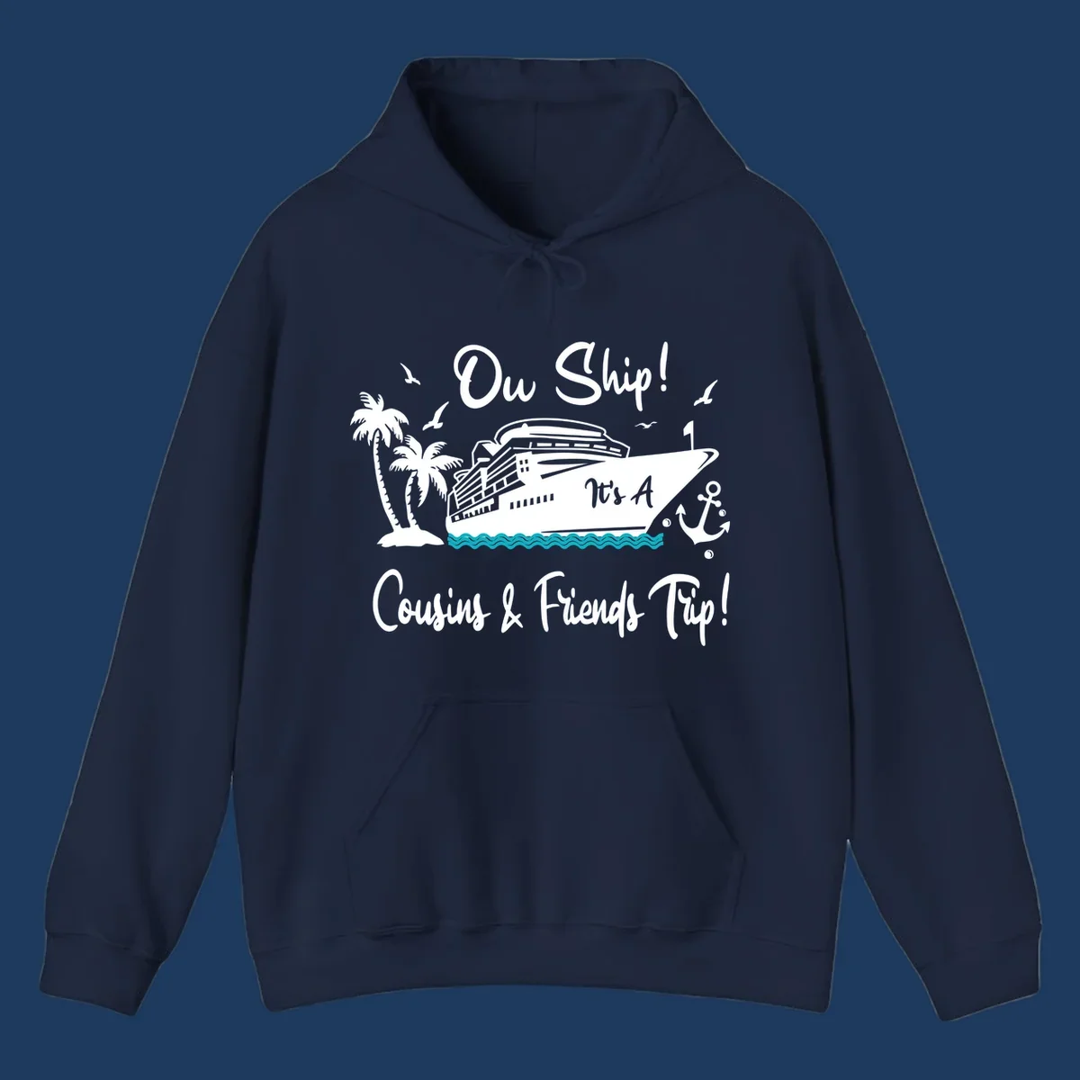 Ow ship cousins and friends trip design with cruise ship, palm tree, seagulls, anchor and ocean waves in white line art
