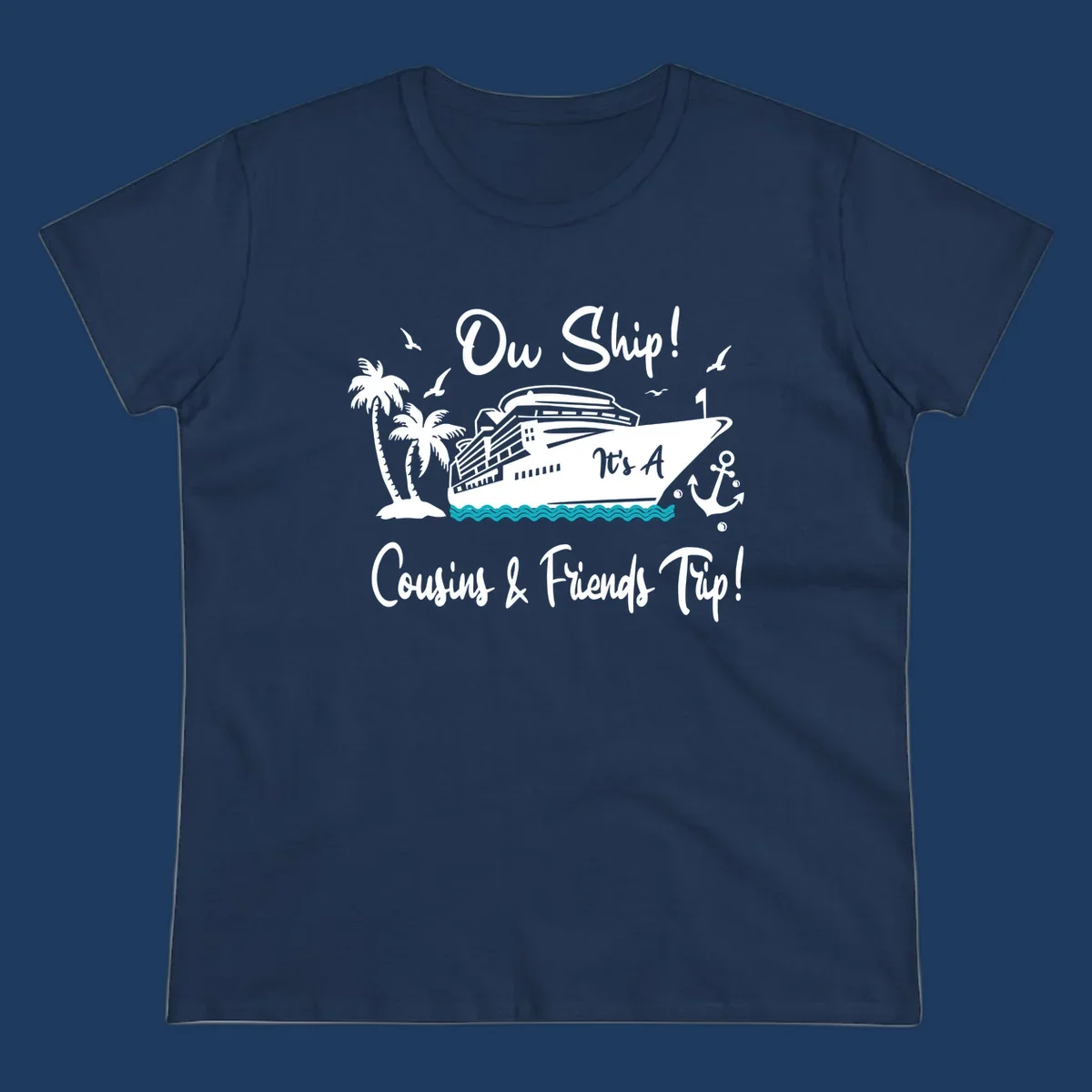 Ow ship cousins and friends trip design with cruise ship, palm tree, seagulls, anchor and ocean waves in white line art