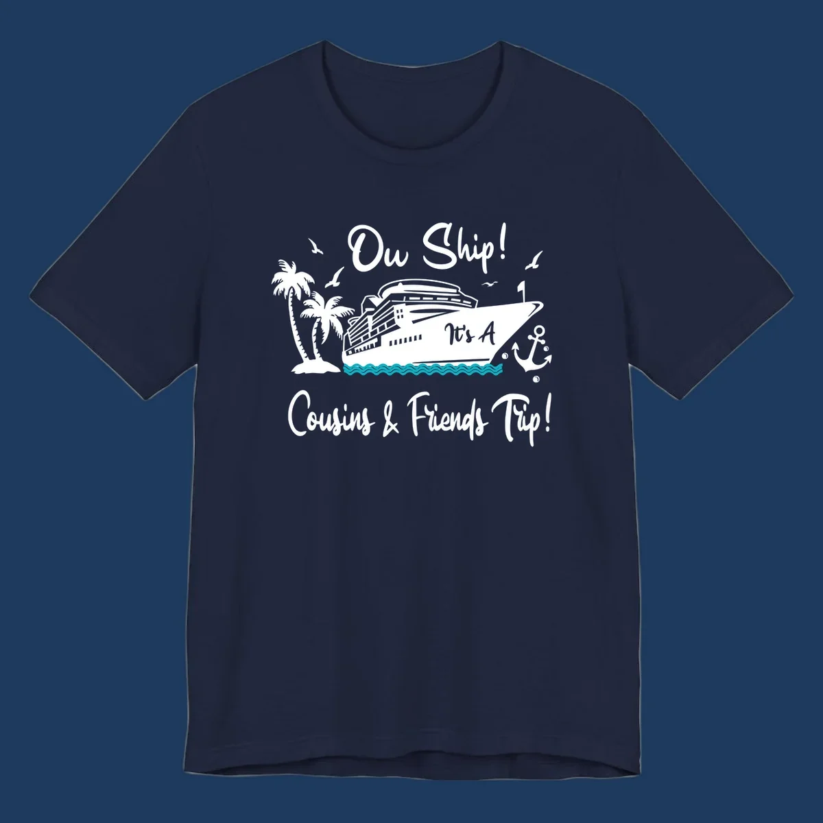 Ow ship cousins and friends trip design with cruise ship, palm tree, seagulls, anchor and ocean waves in white line art