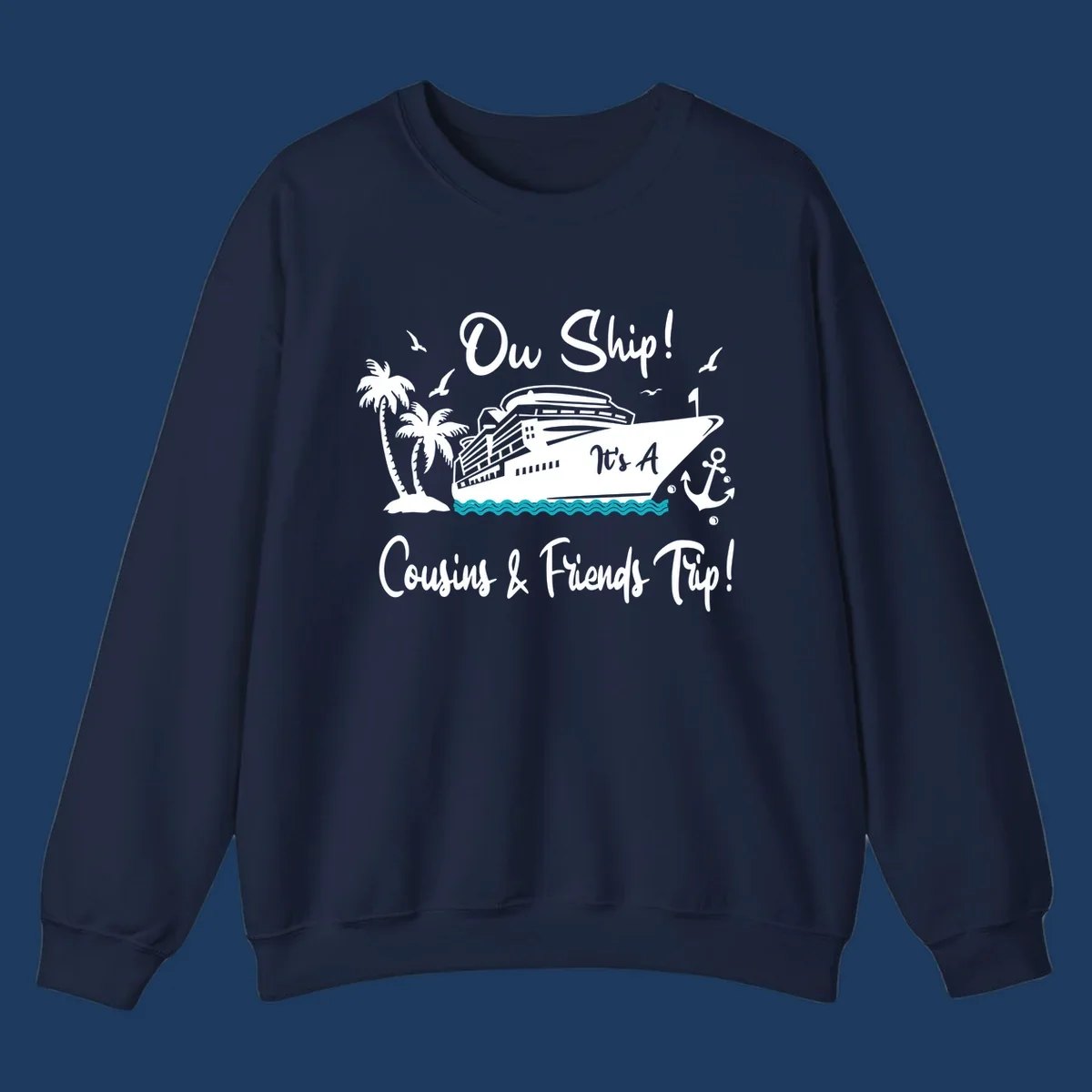 Ow ship cousins and friends trip design with cruise ship, palm tree, seagulls, anchor and ocean waves in white line art