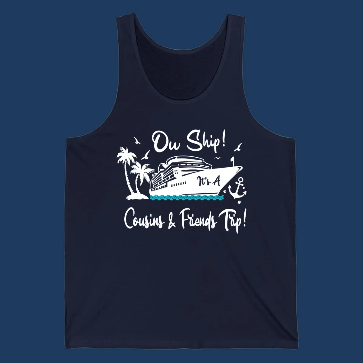 Ow ship cousins and friends trip design with cruise ship, palm tree, seagulls, anchor and ocean waves in white line art