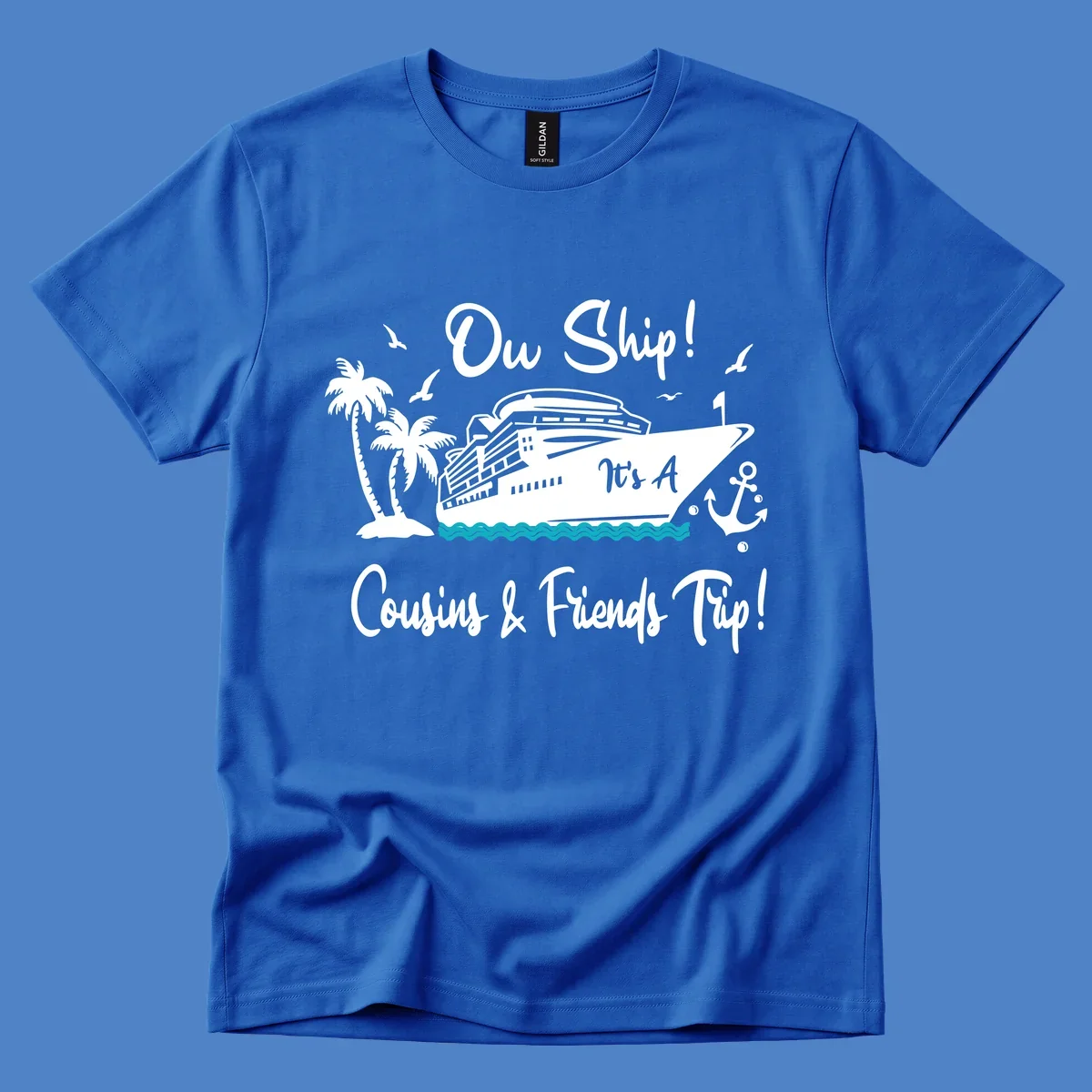 Ow ship cousins and friends trip design with cruise ship, palm tree, seagulls, anchor and ocean waves in white line art