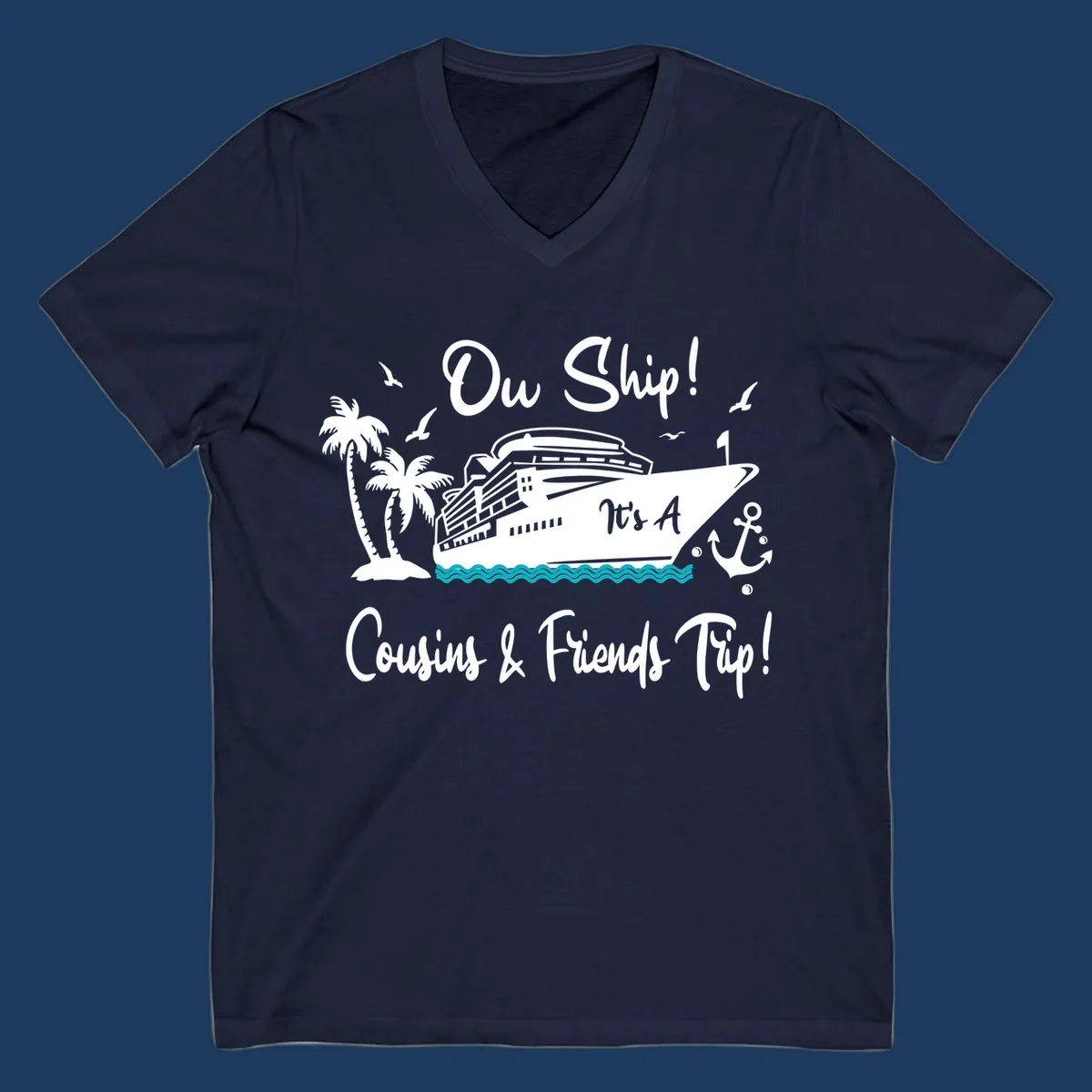 Ow ship cousins and friends trip design with cruise ship, palm tree, seagulls, anchor and ocean waves in white line art