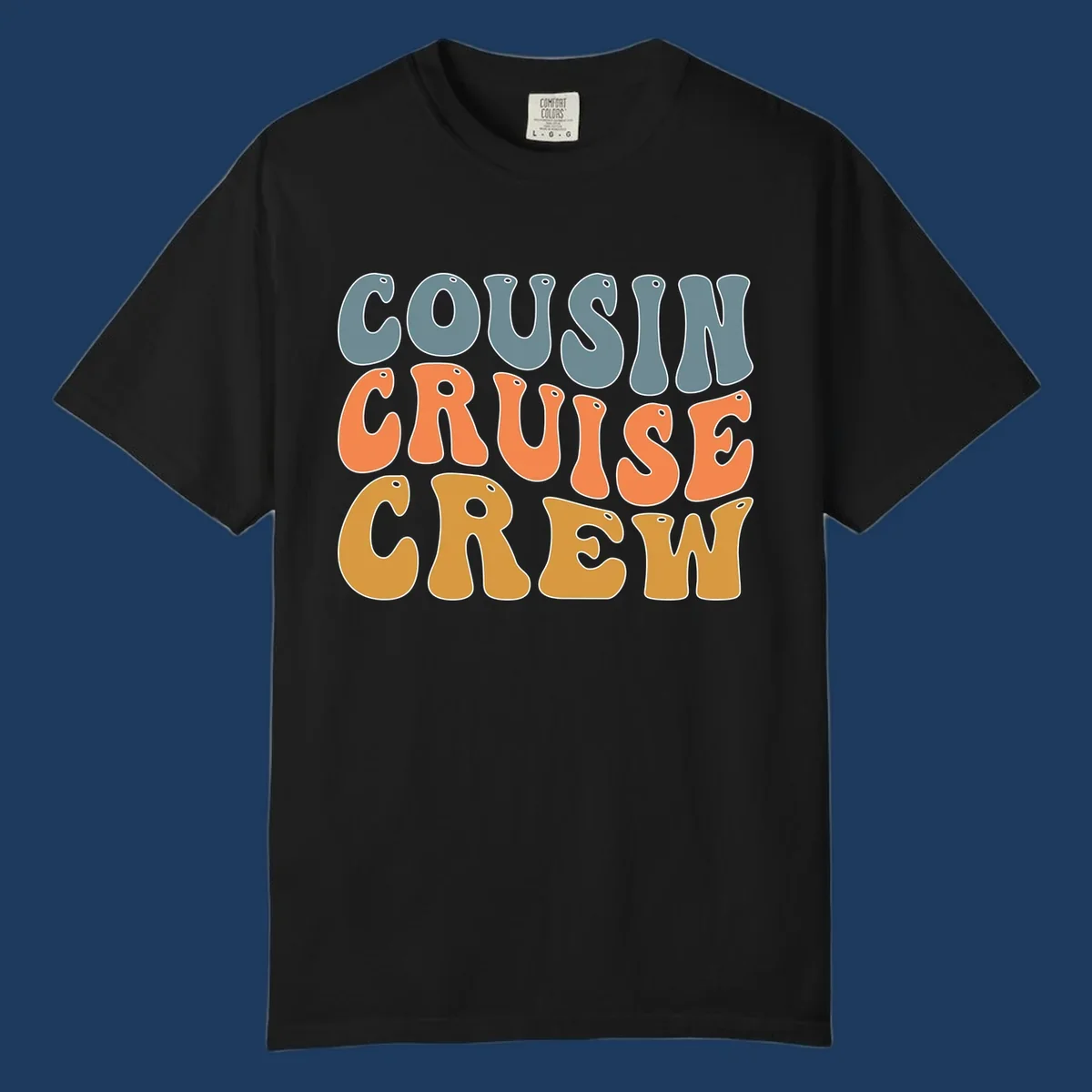 Colorful stacked text reading 'Cousin Cruise Crew' in teal, orange, and gold letters with nautical porthole details