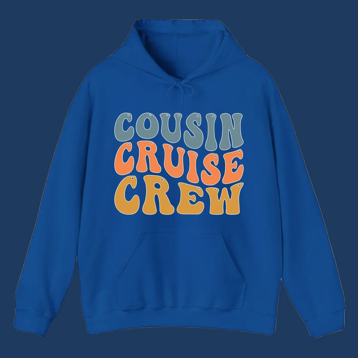 Colorful stacked text reading 'Cousin Cruise Crew' in teal, orange, and gold letters with nautical porthole details