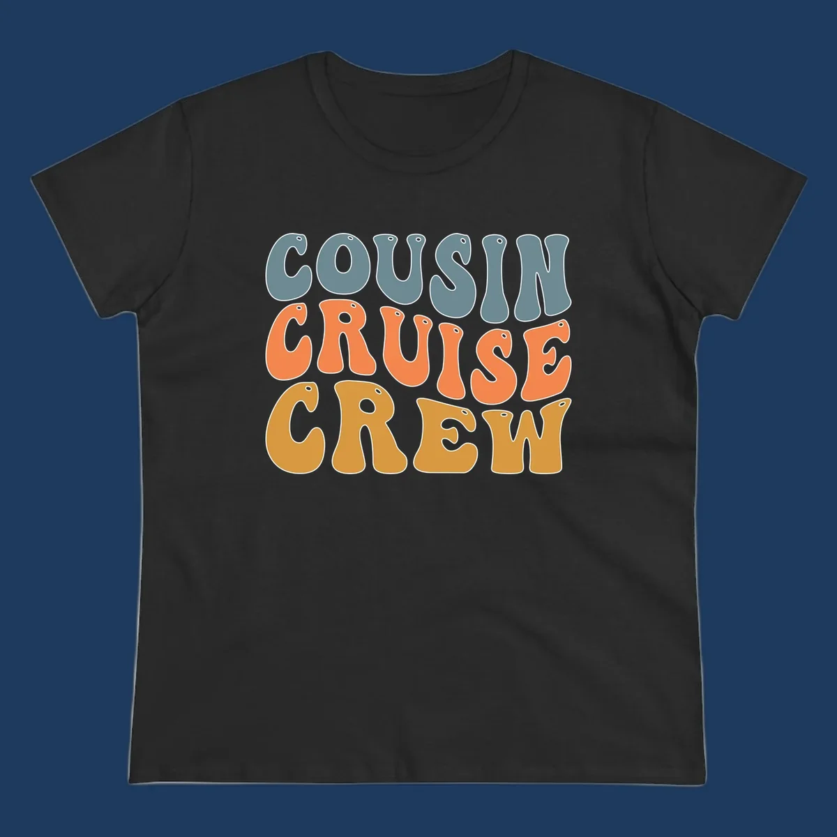 Colorful stacked text reading 'Cousin Cruise Crew' in teal, orange, and gold letters with nautical porthole details
