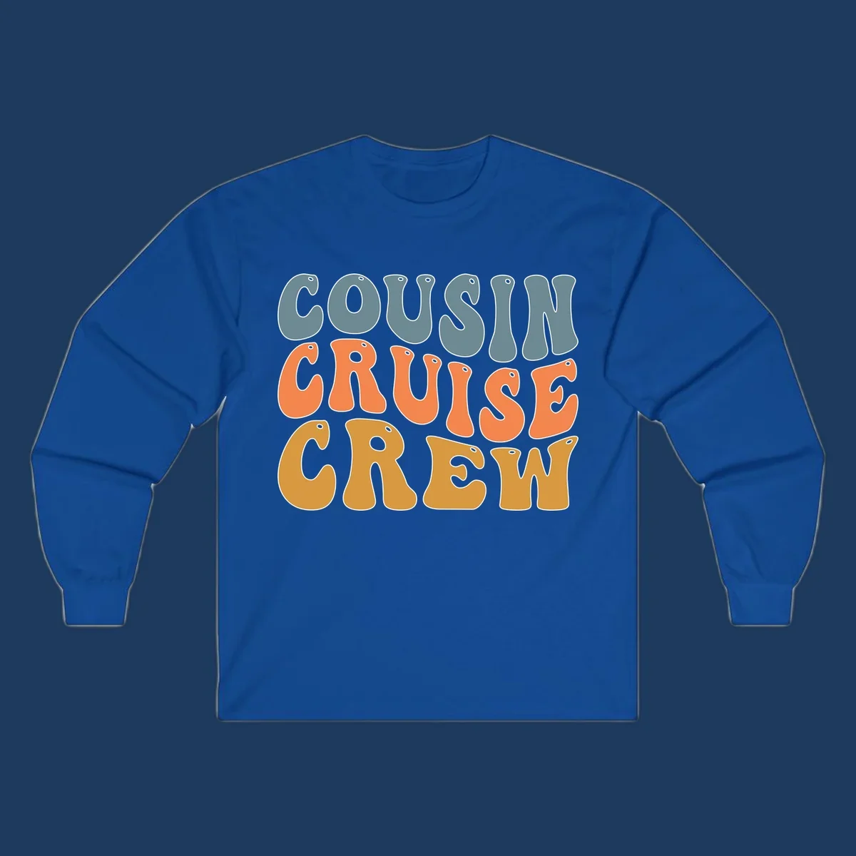 Colorful stacked text reading 'Cousin Cruise Crew' in teal, orange, and gold letters with nautical porthole details