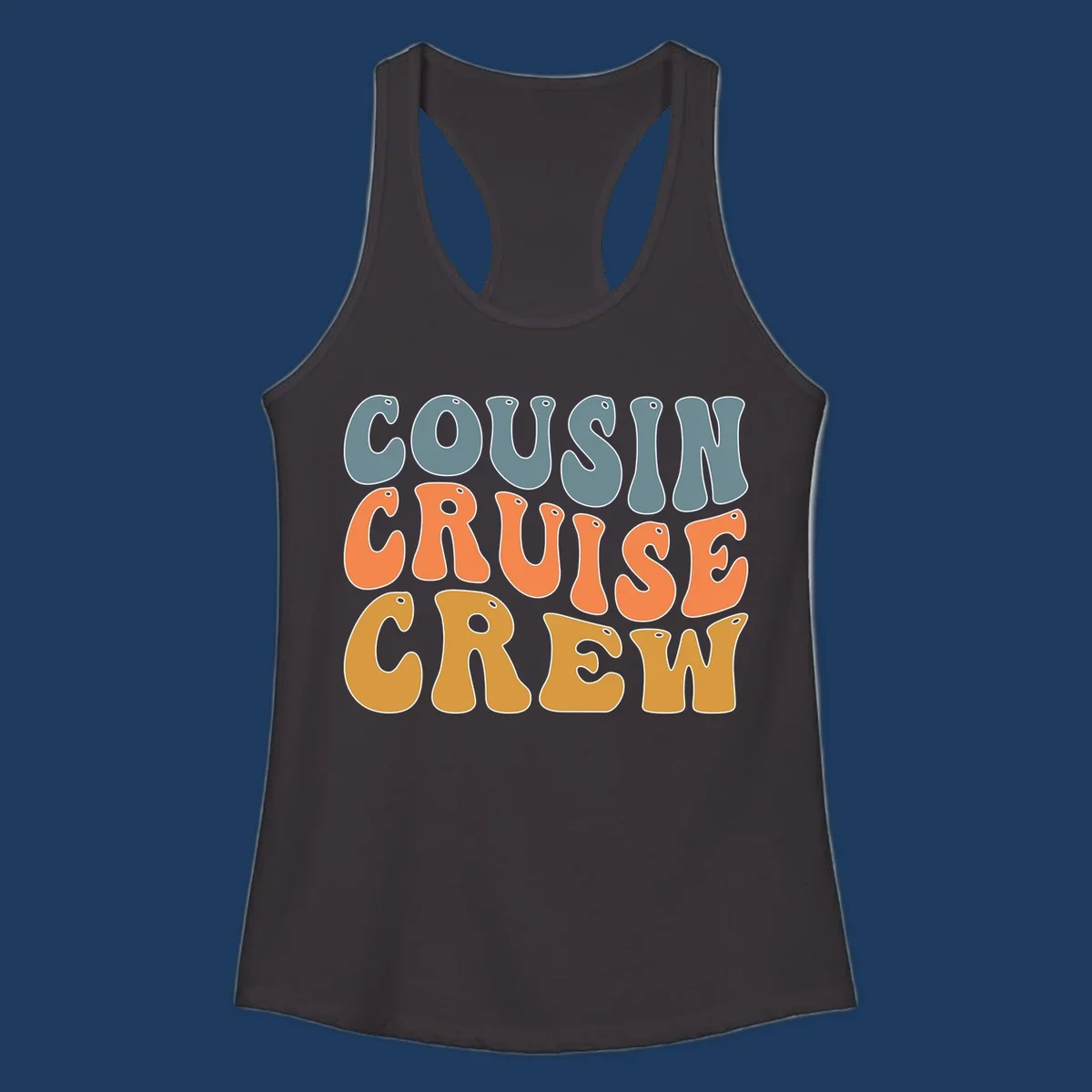 Colorful stacked text reading 'Cousin Cruise Crew' in teal, orange, and gold letters with nautical porthole details