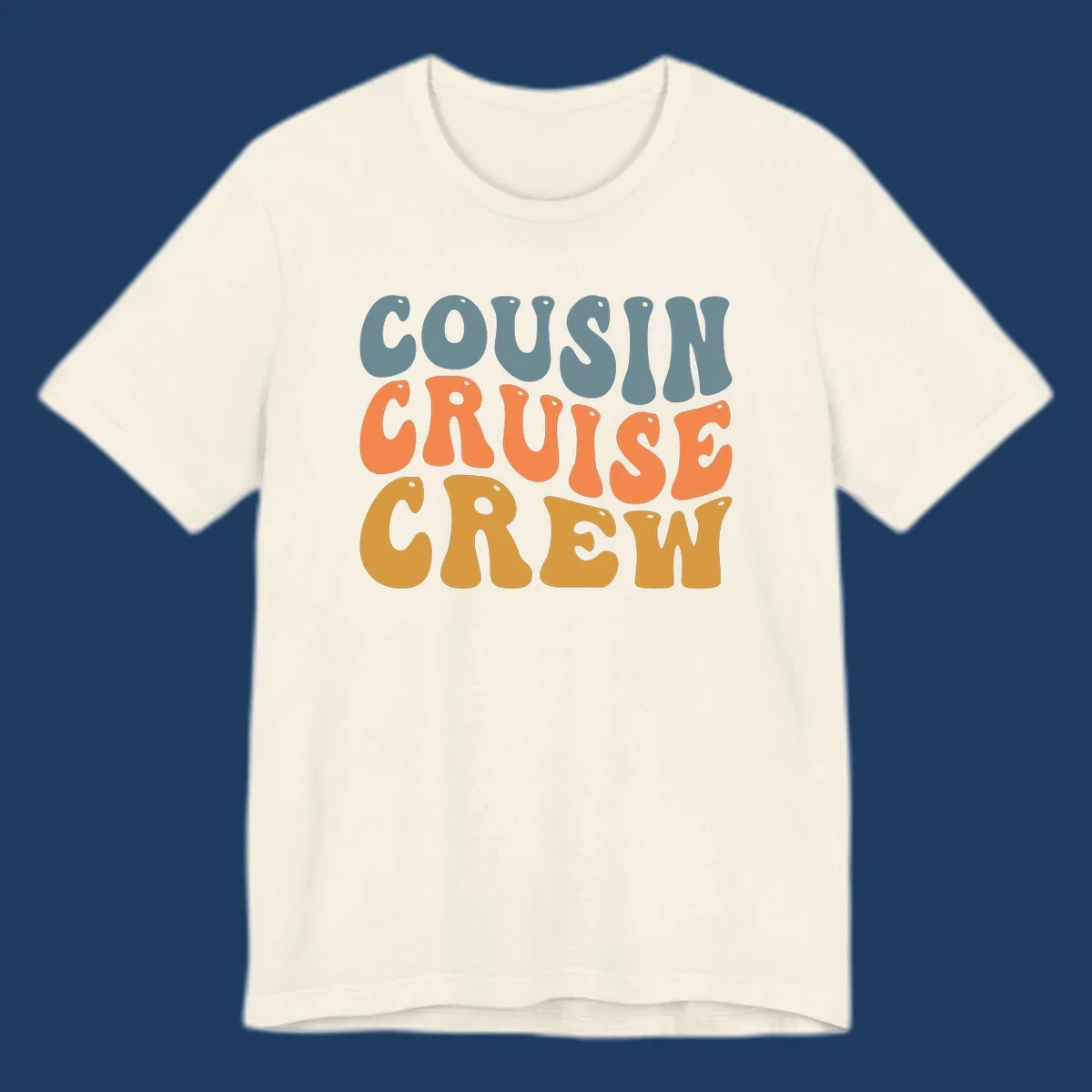 Colorful stacked text reading 'Cousin Cruise Crew' in teal, orange, and gold letters with nautical porthole details