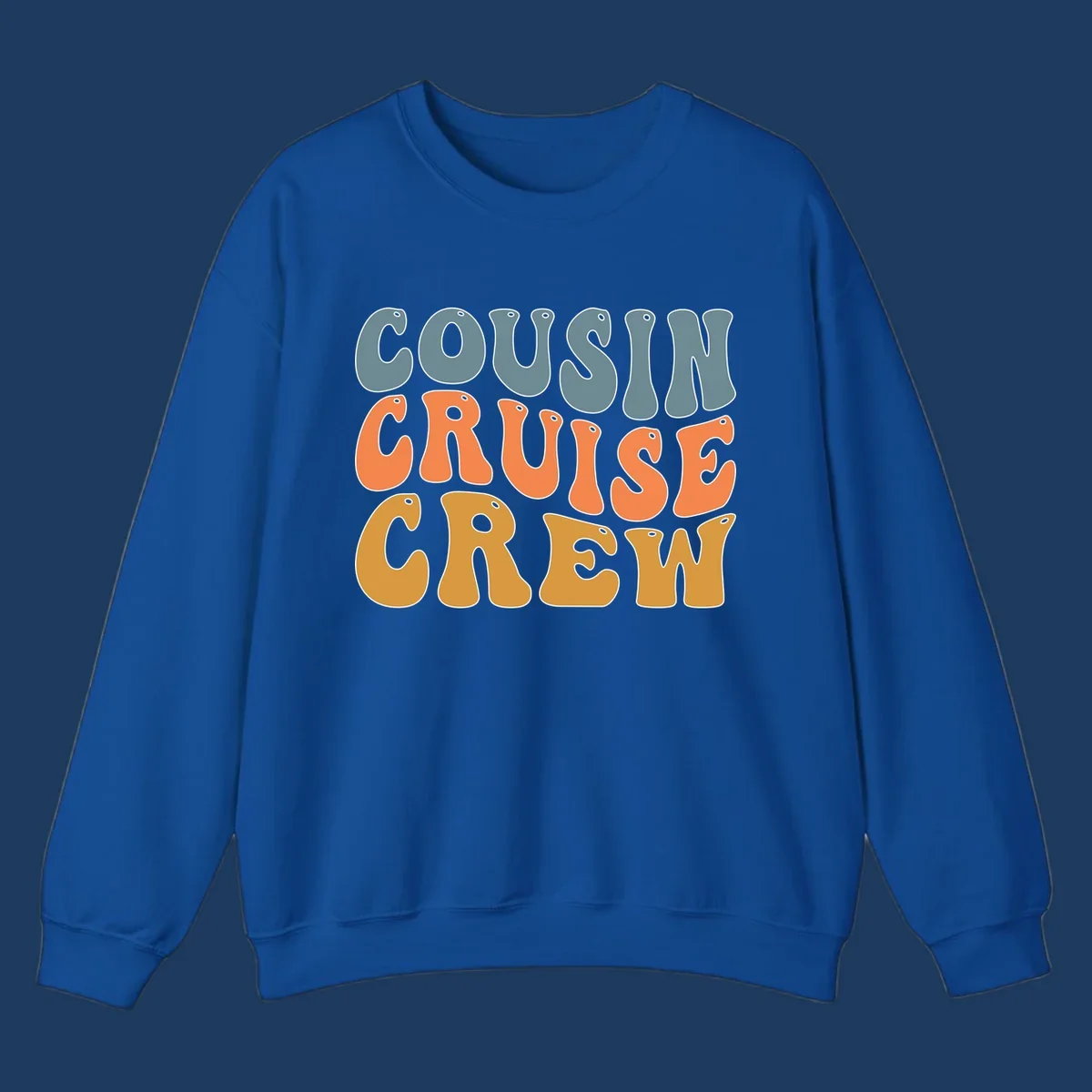 Colorful stacked text reading 'Cousin Cruise Crew' in teal, orange, and gold letters with nautical porthole details