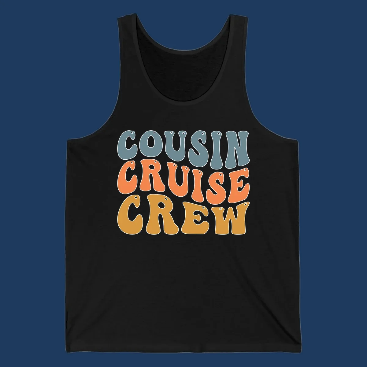 Colorful stacked text reading 'Cousin Cruise Crew' in teal, orange, and gold letters with nautical porthole details