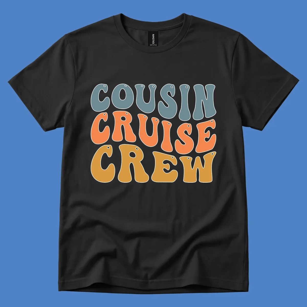 Colorful stacked text reading 'Cousin Cruise Crew' in teal, orange, and gold letters with nautical porthole details