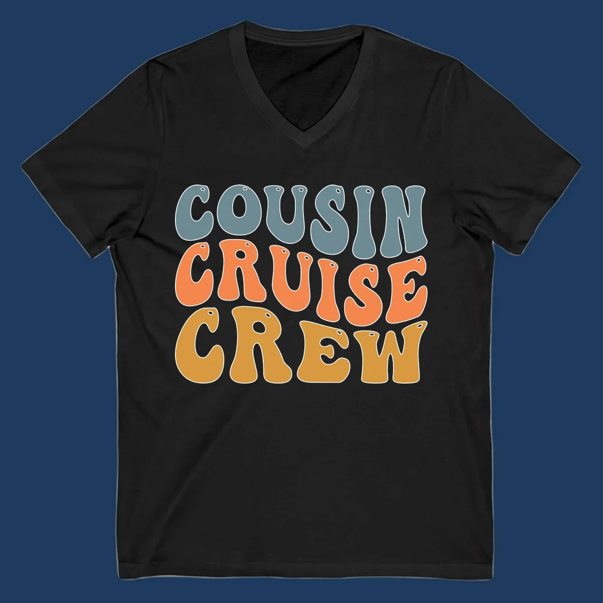 Colorful stacked text reading 'Cousin Cruise Crew' in teal, orange, and gold letters with nautical porthole details