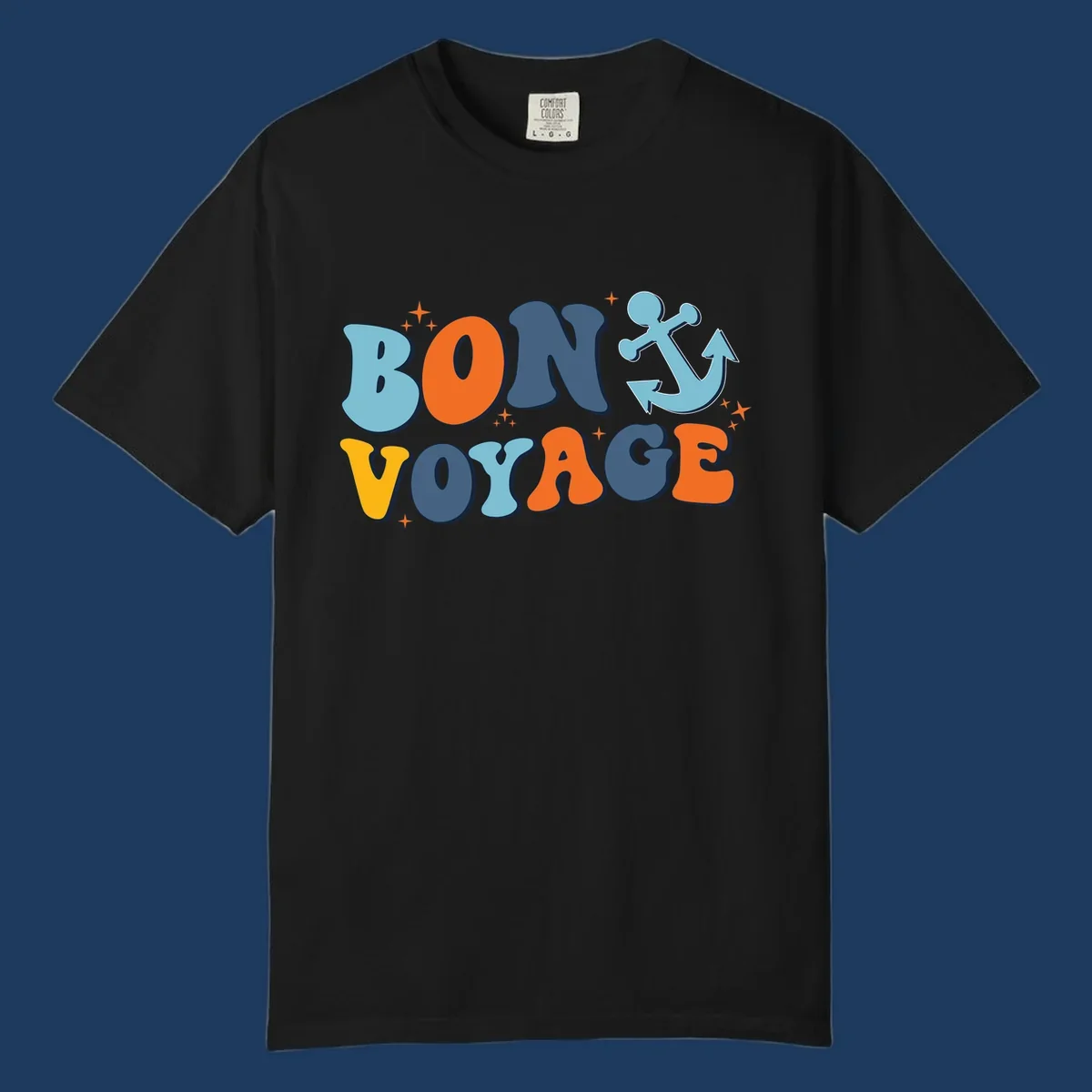 Colorful 'Bon Voyage' text with anchor and stars on gray background, nautical cruise design