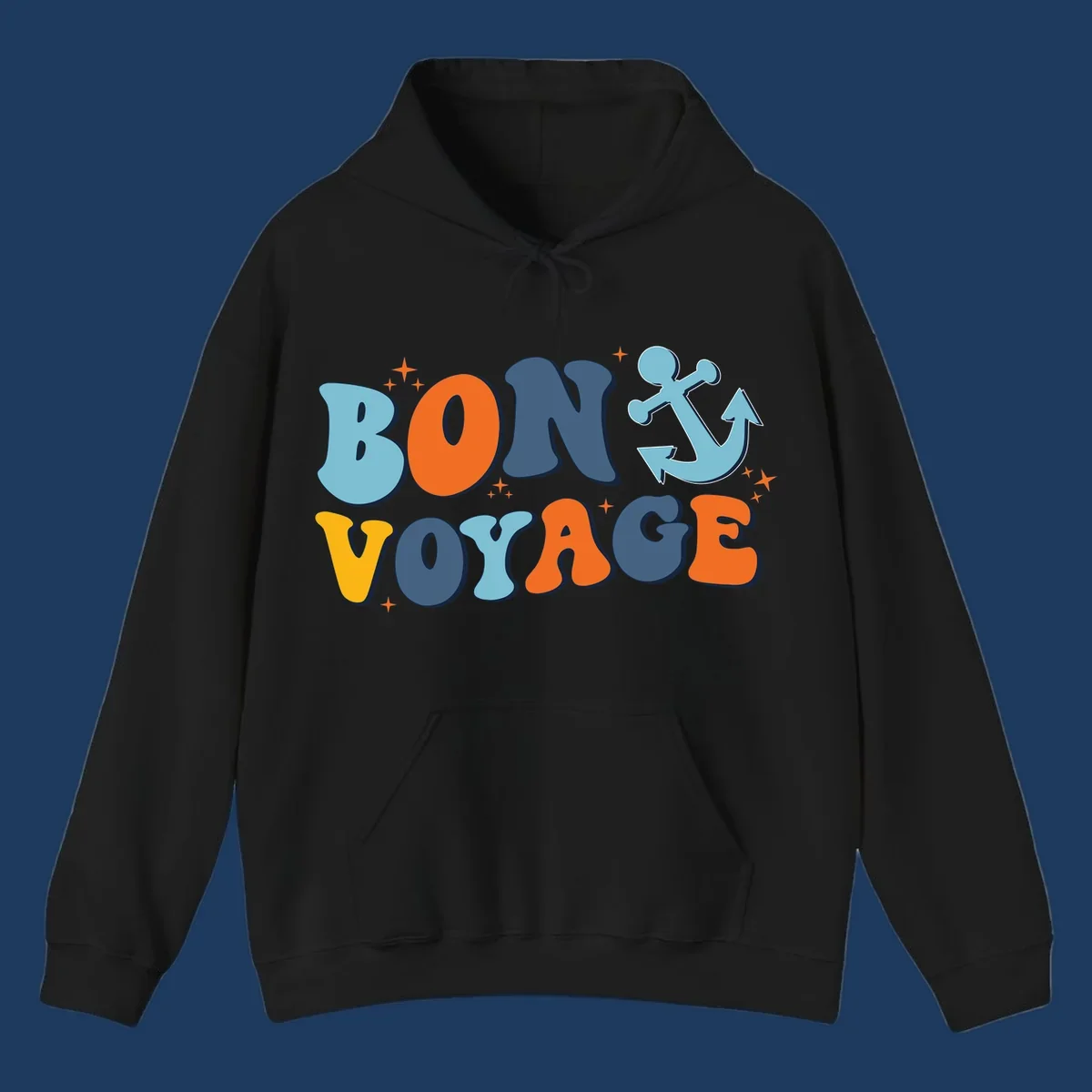 Colorful 'Bon Voyage' text with anchor and stars on gray background, nautical cruise design