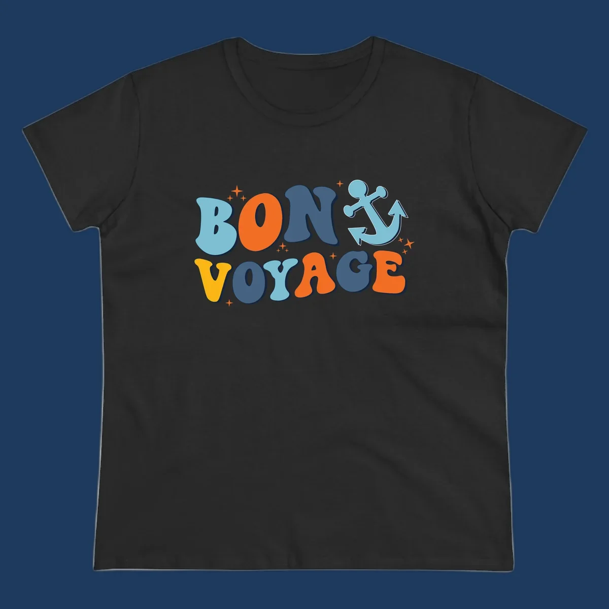 Colorful 'Bon Voyage' text with anchor and stars on gray background, nautical cruise design