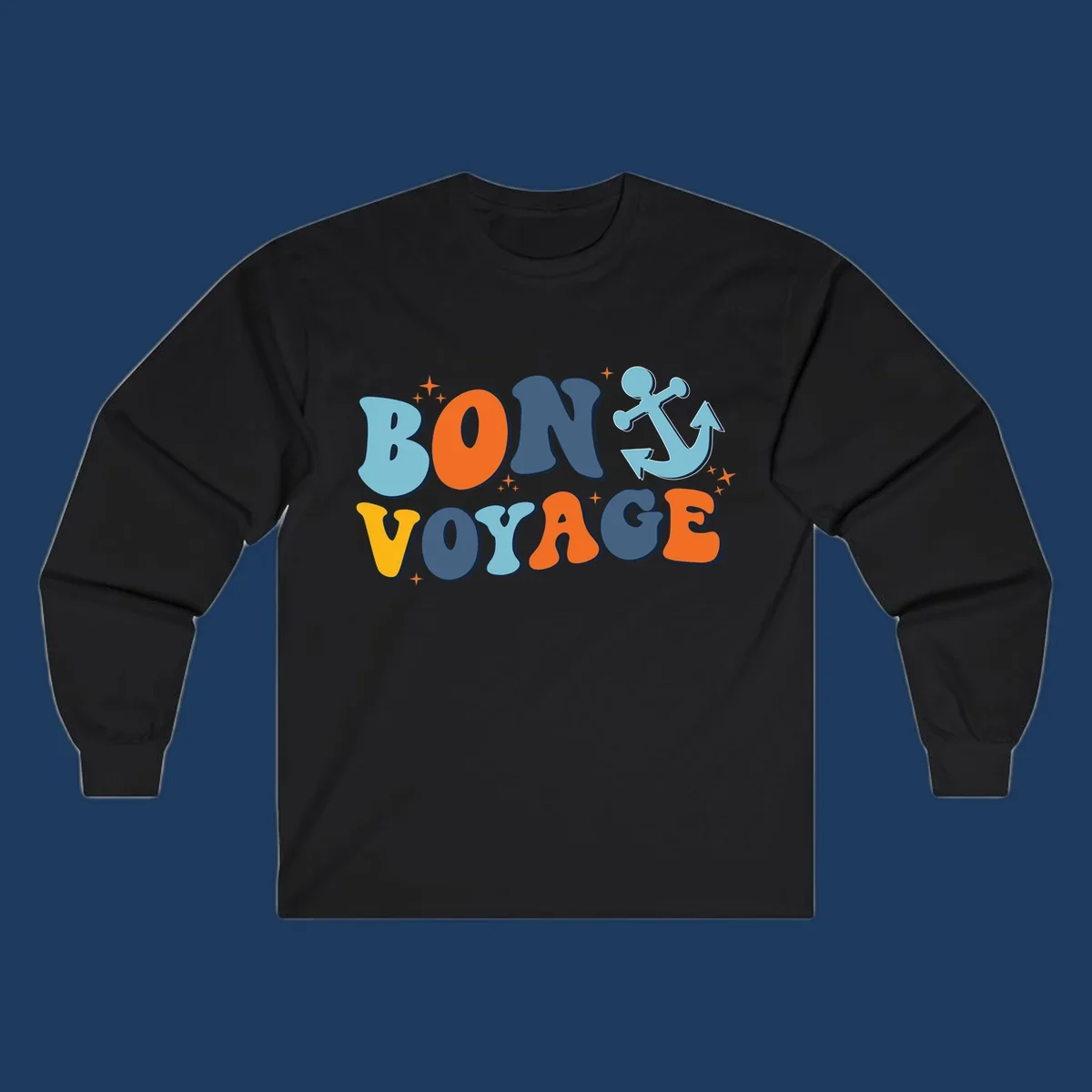 Colorful 'Bon Voyage' text with anchor and stars on gray background, nautical cruise design